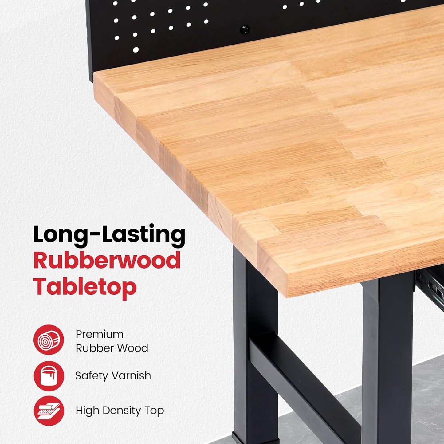 Workbench with Wheels 60 x 22 Inch Adjustable Height Work Table for Garage Heavy Duty Rubberwood Tabletop Work Bench with LED, Drawers, Pegboard, Power Outlets for Office Home Commercial