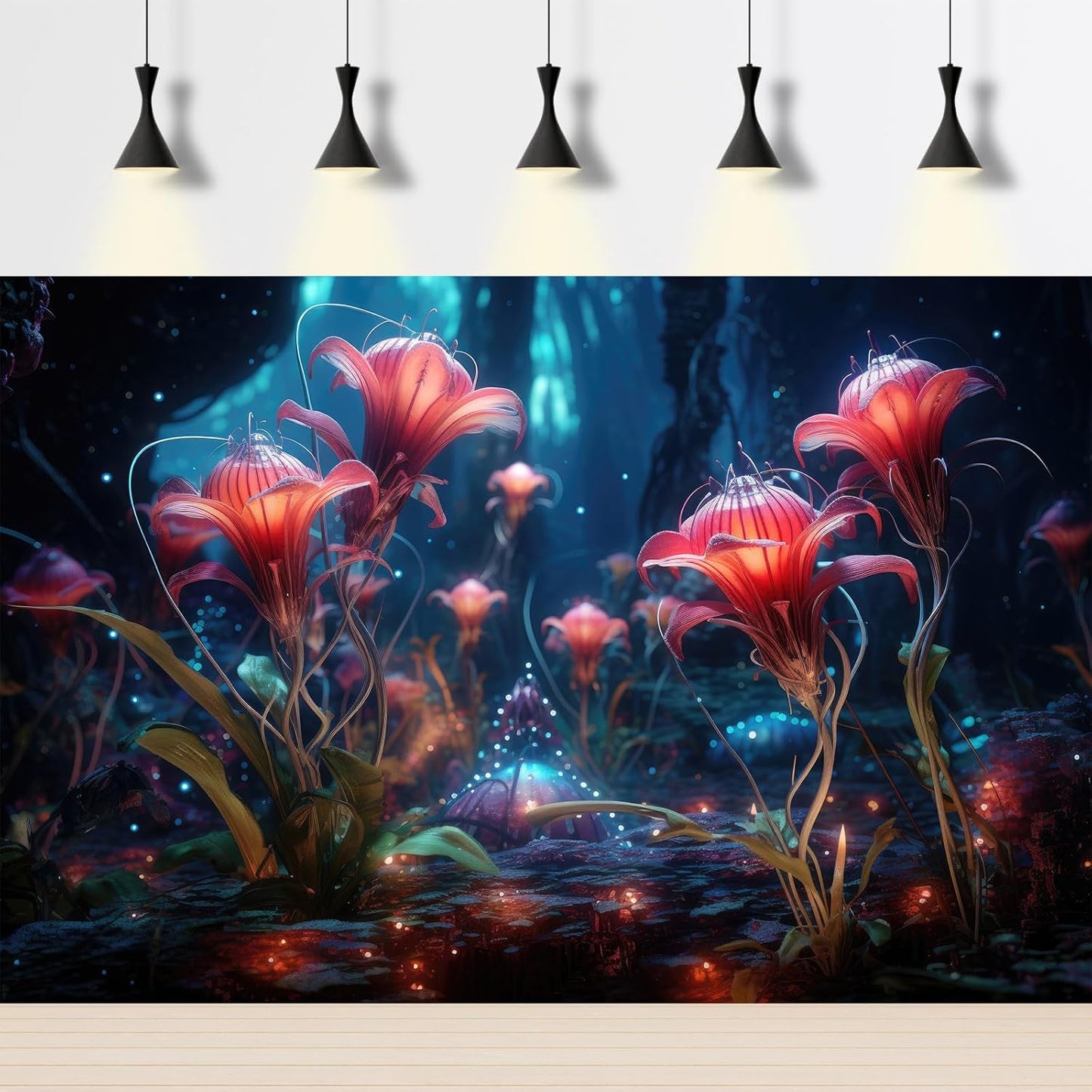 Aquarium Background Beautiful Red Translucent Flowers Terrarium Background Abstract Fantasy Plants Underwater World Tank Poster Glowing Flowers Foggy Forest Fish Tank Background Decors Vinyl 24x16in