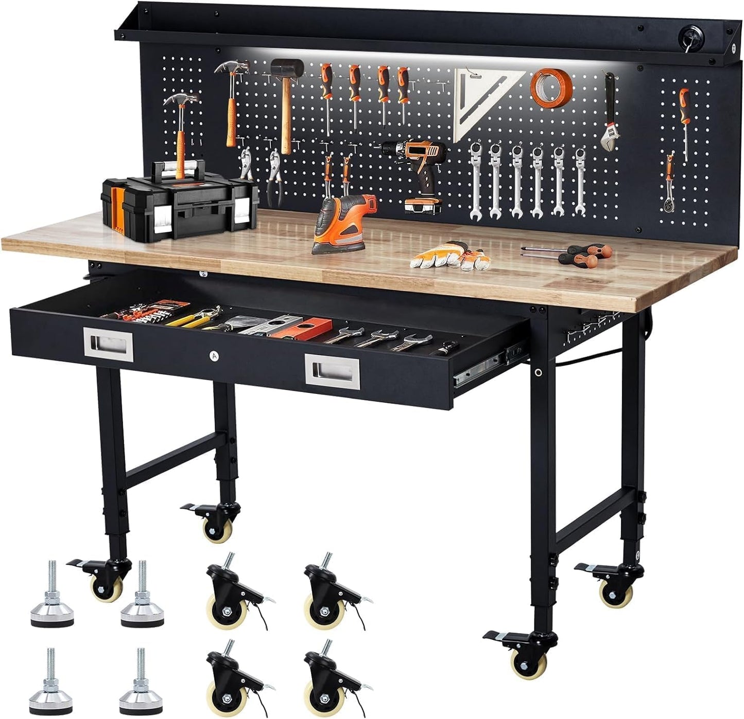 60-Inch Garage Workbench with Wheels, Adjustable Rubber Wood Top Garage Workbench with Pegboard & Drawer & Power Outlet, 2000 lbs Load Capacity, for Workshop, Woodworking, Office