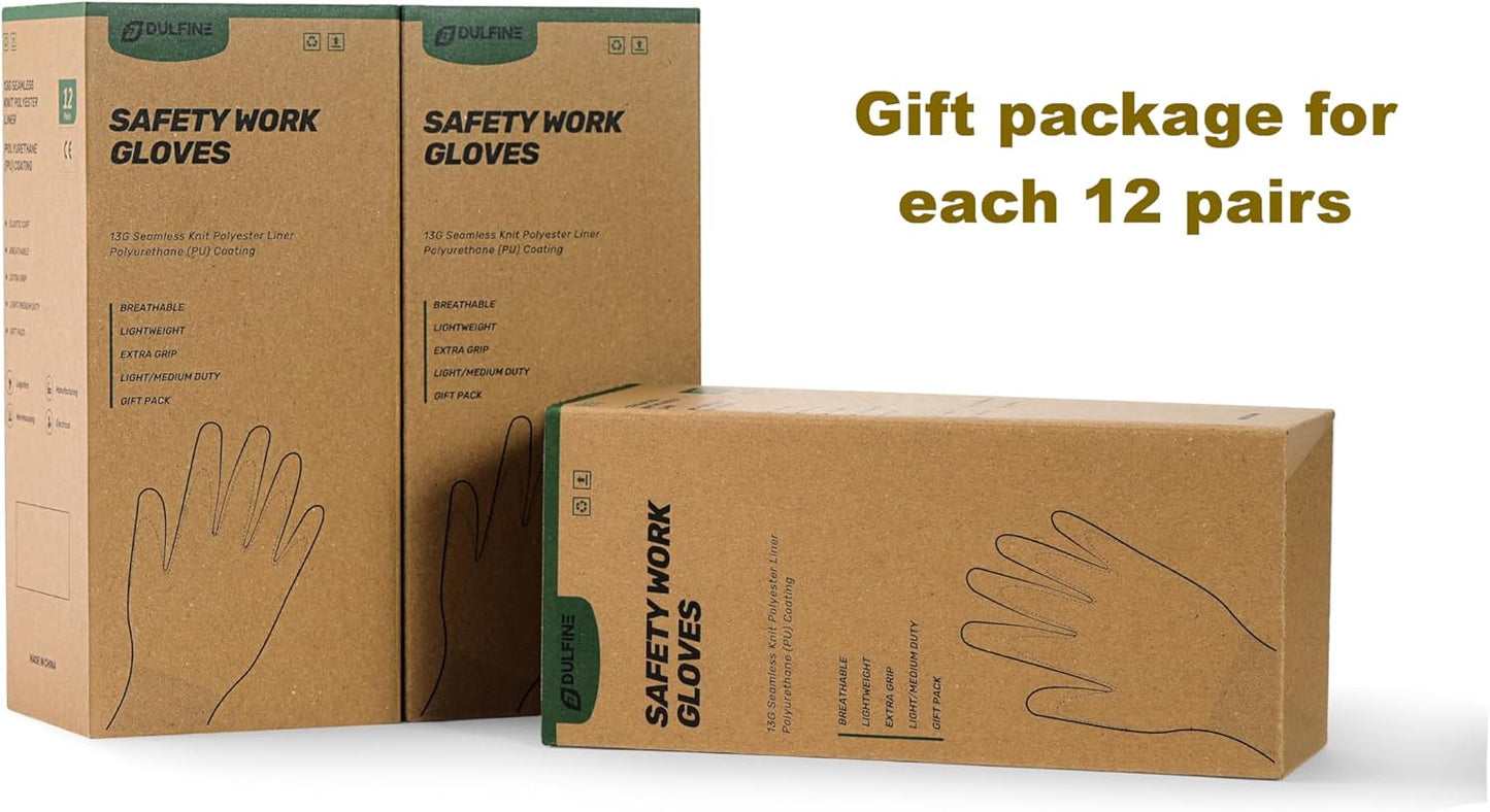 DULFINE Safety Work Gloves for Men PU Coated 12 Pairs Bulk Pack,Hi-Vis Yellow Seamless Knit Glove with thin Polyurethane Coated Smooth Grip on Palm & Fingers,Ideal for General Duty Work (Small)