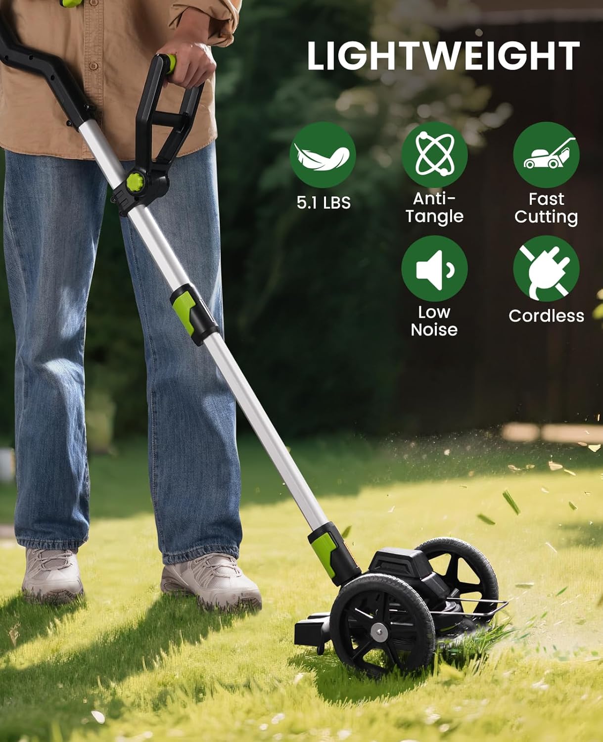 Electric Weed Wacker Cordless with Wheel, Brushless Grass Trimmer with 21V 4.0Ah Battery and Fast Charger, 3 Types of Blades String Trimmer, Weed Eater Battery Powered, Grass Cutter Machine