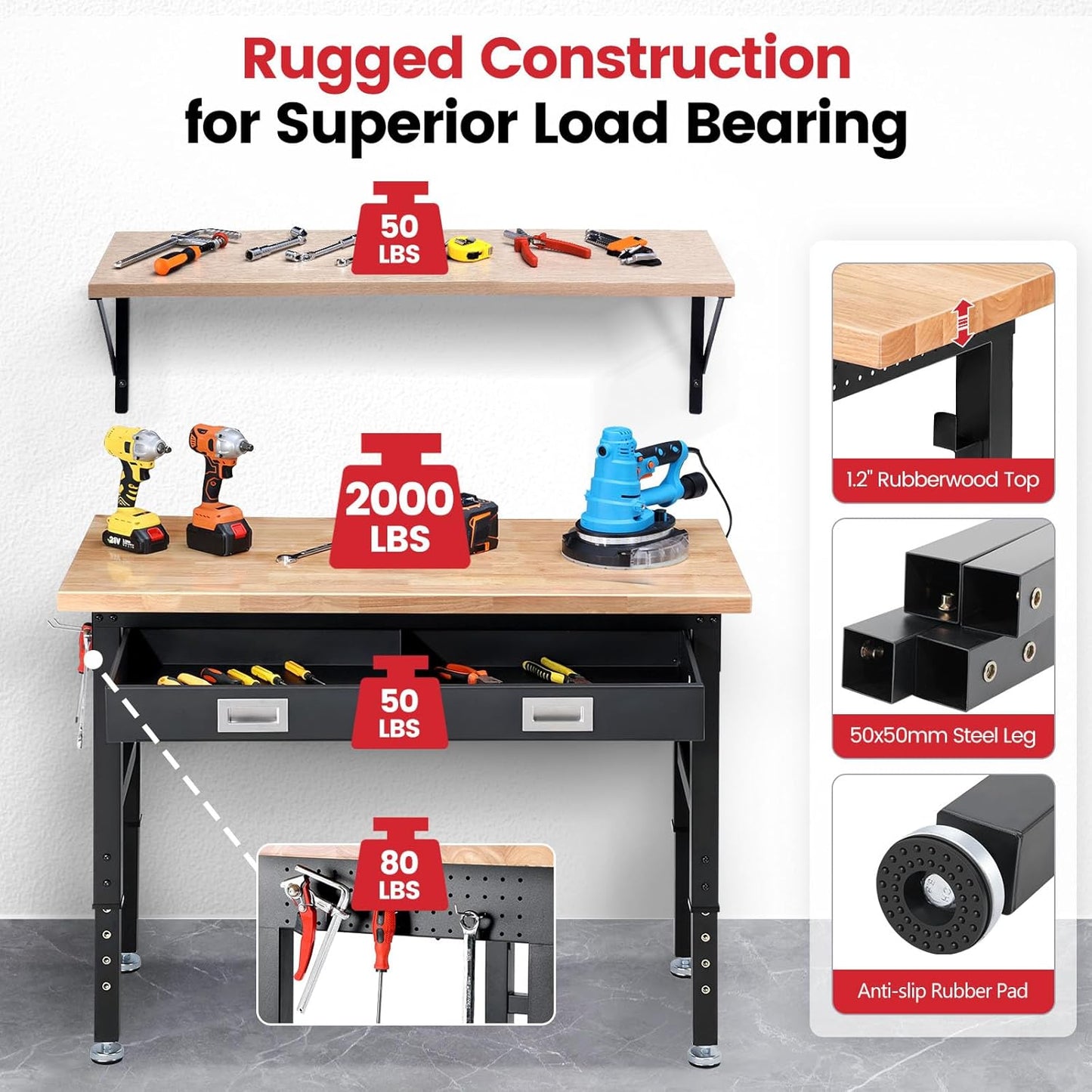 Workbench with Shelf Bracket 48 Inch Adjustable Height Work Bench for Garage Heavy Duty Rubberwood Tabletop Work Table with Drawer, Power Outlets for Woodworking, Home, Office, Workshop
