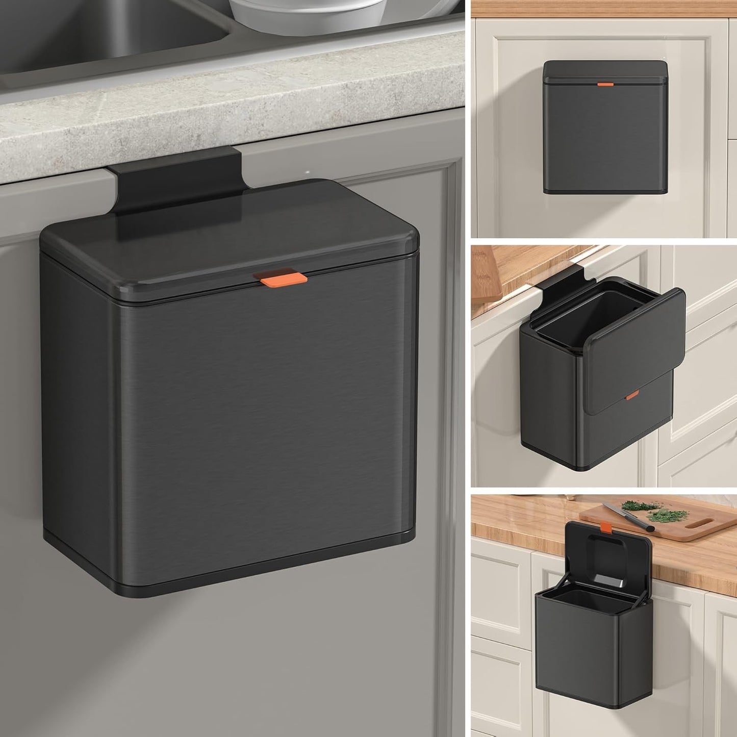 Mbillion Kitchen Compost Bin Hanging Trash Can with Lid 1.05 Gallon Stainless Steel Garbage Can for Kitchen Cabinet Door Mounted Trash Can Under Sink Door RV Bathroom,Brushed Black