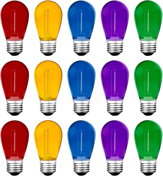 Meconard 15Pack S14 Colored LED String Light Bulbs,1 Watt Plastic Shatterproof Waterproof Outdoor Indoor Replacement Bulbs for Home Decor, E26 Medium Base, Multi-Color: Red/Green/Blue/Orange/Purple