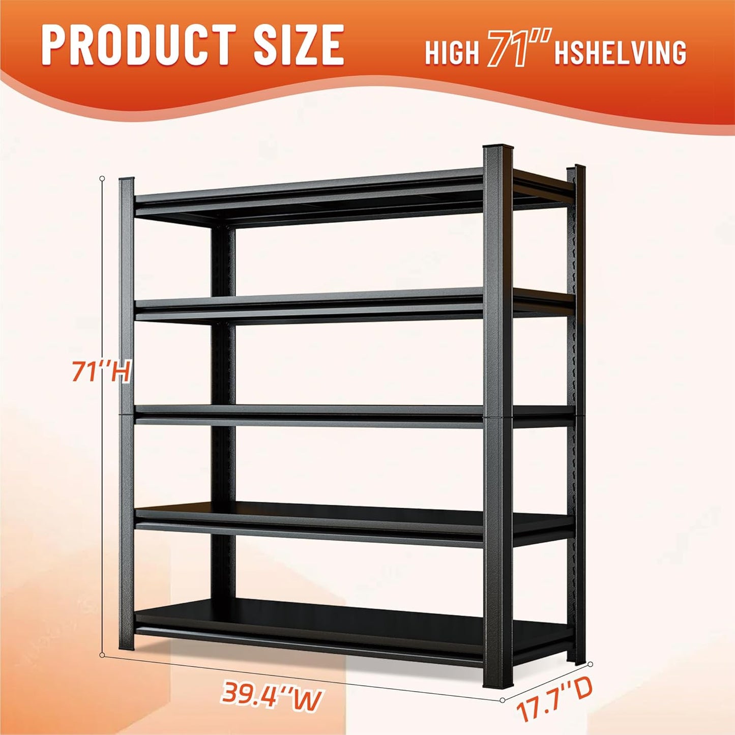 Heavy Duty 5-Tier Shelving Unit 2750LBS Capacity - Adjustable Steel Garage Shelves for Warehouse, Basement Storage(71''H x 39.4''W x 17.7''D)