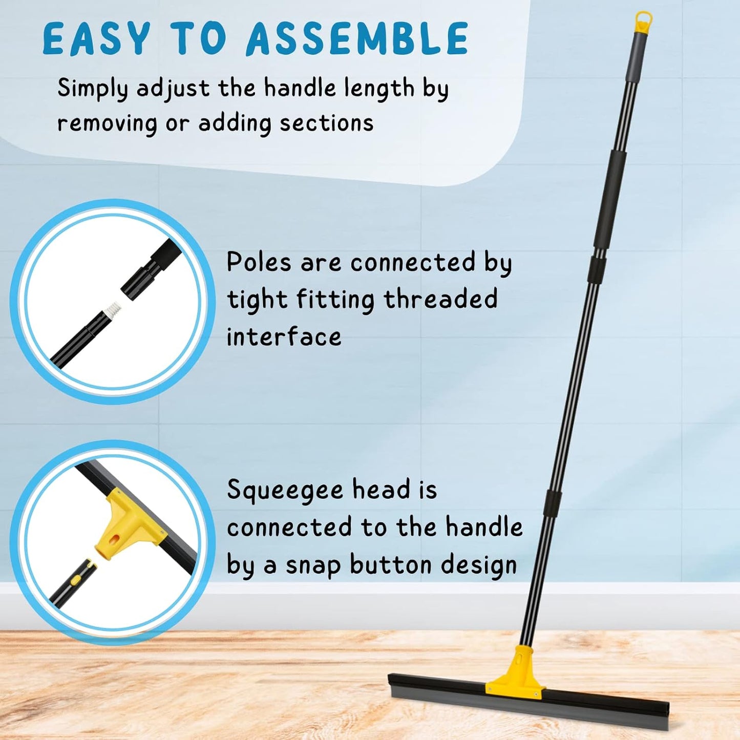 Floor Squeegee for Concrete and Tile Cleaning, 24'' Rubber Wiper Broom, Large Heavy Duty Water Scraper with 60'' Long Handle for Garage, Deck, Bathroom, Shower Glass, Window