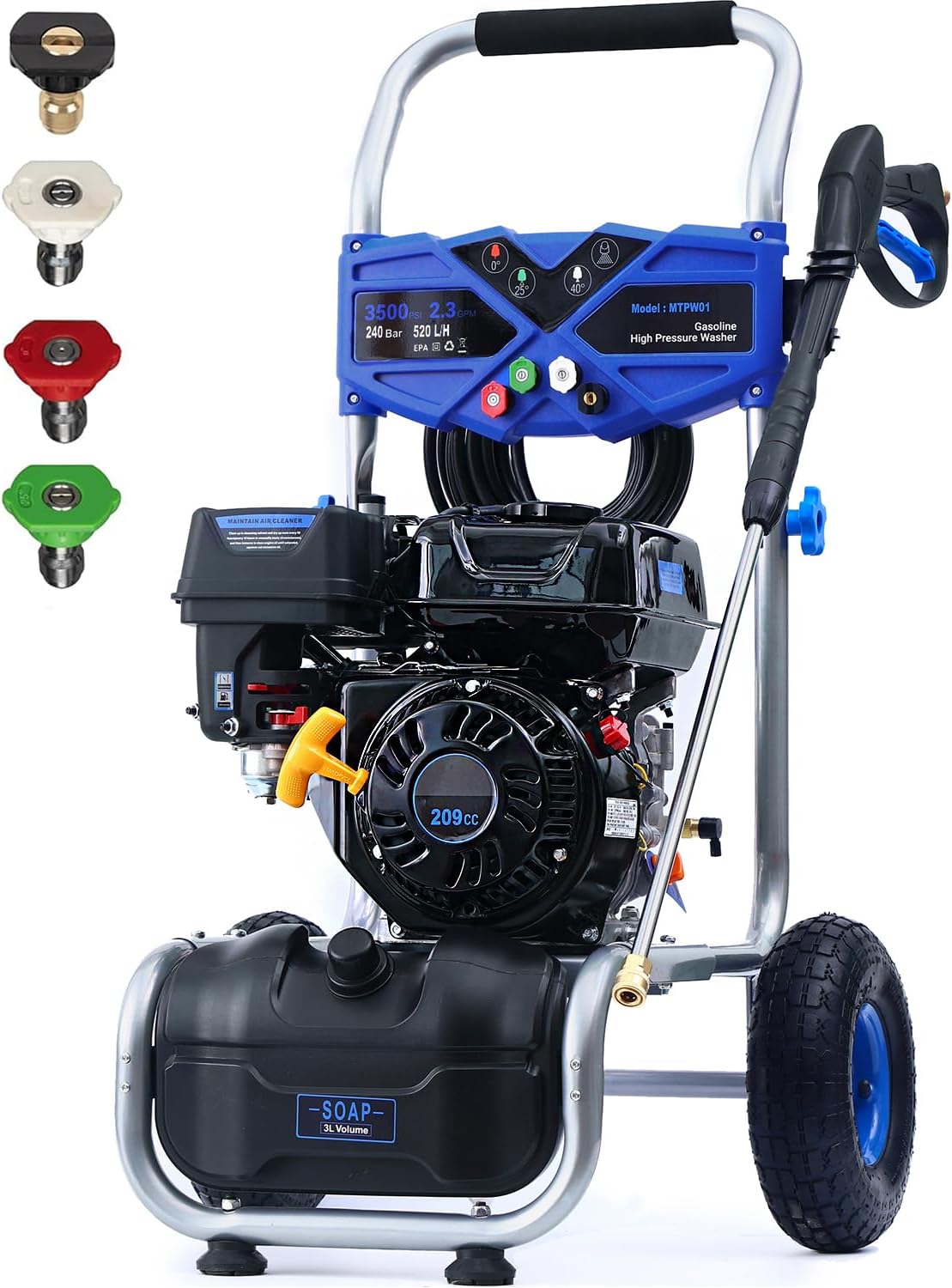 Gas Pressure Washer 3500 PSI 2.3 GPM, Power Washer with 209CC Engine, 25FT Hose, 4 Nozzles, High Pressure Cleaner for Cars, Driveways, Patios, Fences, Home Outdoor Cleaning
