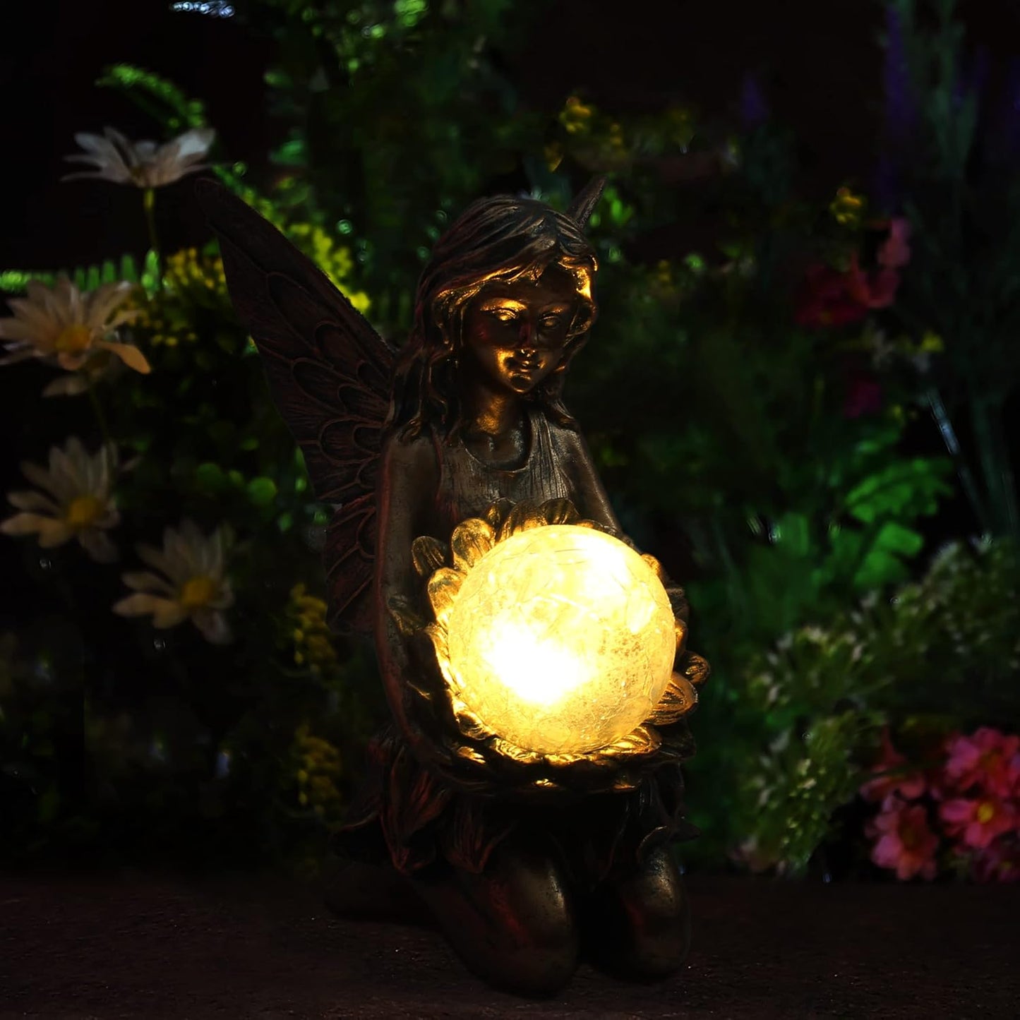 Garden Statues Outdoor Flower Fairy Decor,Solar Powered Outdoor Resin Statues-Patio Lawn Yard Porch, Funny Fairies Ornaments Figurines for Outside Garden Gifts,8.31 Inches Tall