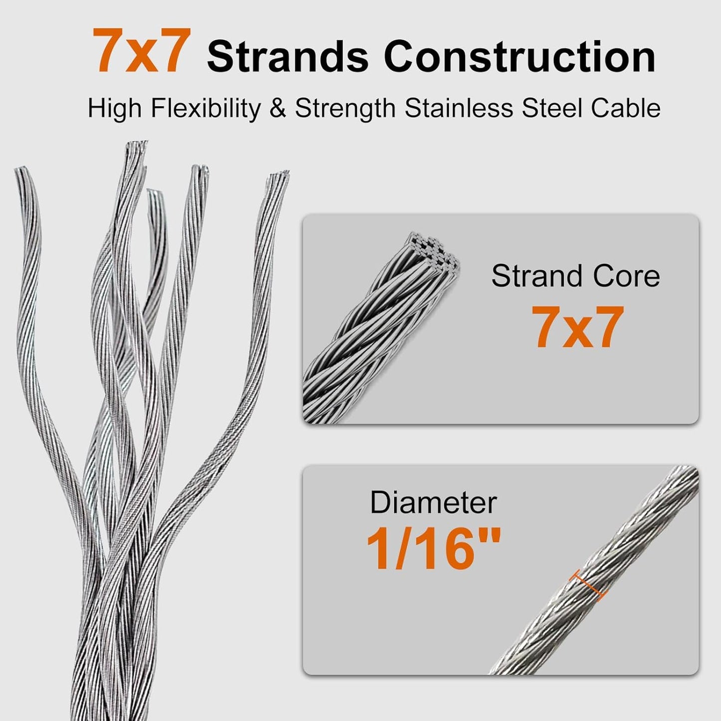 100FT 1/16" Wire Rope Kit, 7x7 Marine Stainless Steel Strand Core, T316 Strength for Hanging, Aircraft, Yard, Garden, Deck Railing, Trellis Wire with Crimping Sleeves, Thimbles, Cable Cutter