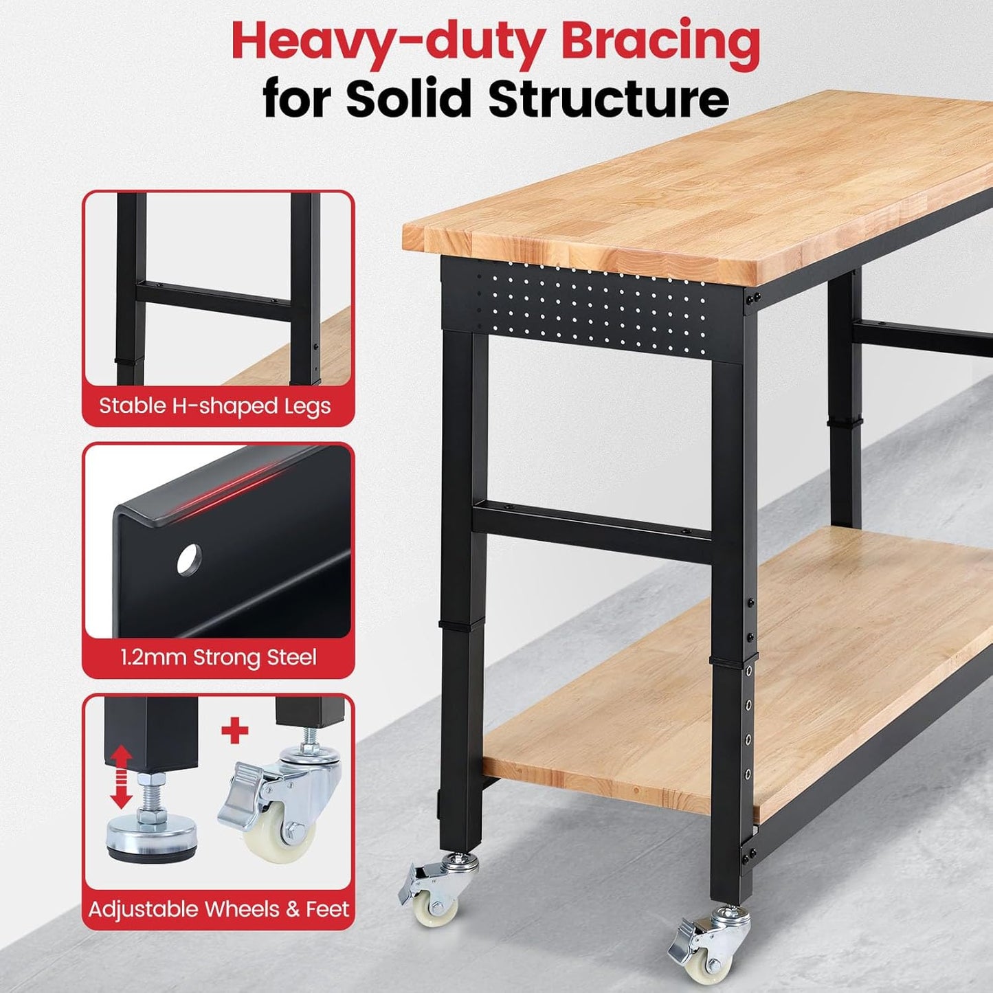 Work Bench for Garage Adjustable Workbenches with Storage 60 Inch Garage Workbench with Under Table Shelf, Pegboard, Power Outlets for Woodworking, Home, Office, Workshop