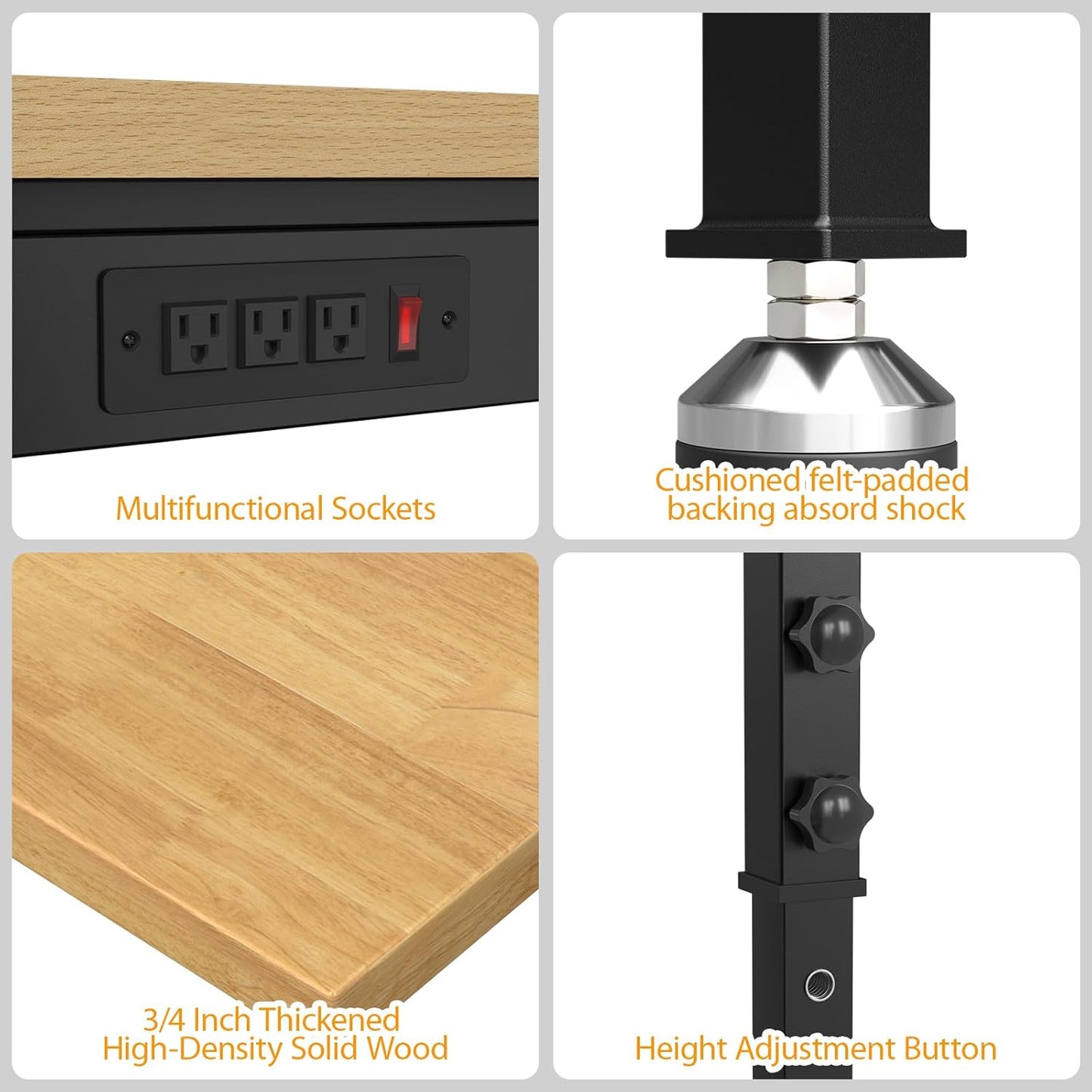 48" Adjustable Workbench,Heavy-Duty Work Table,3000 LBS Load Capacity Hardwood Workstation Outlets with Power Strips and Fixed feet,for Workshop, Garage