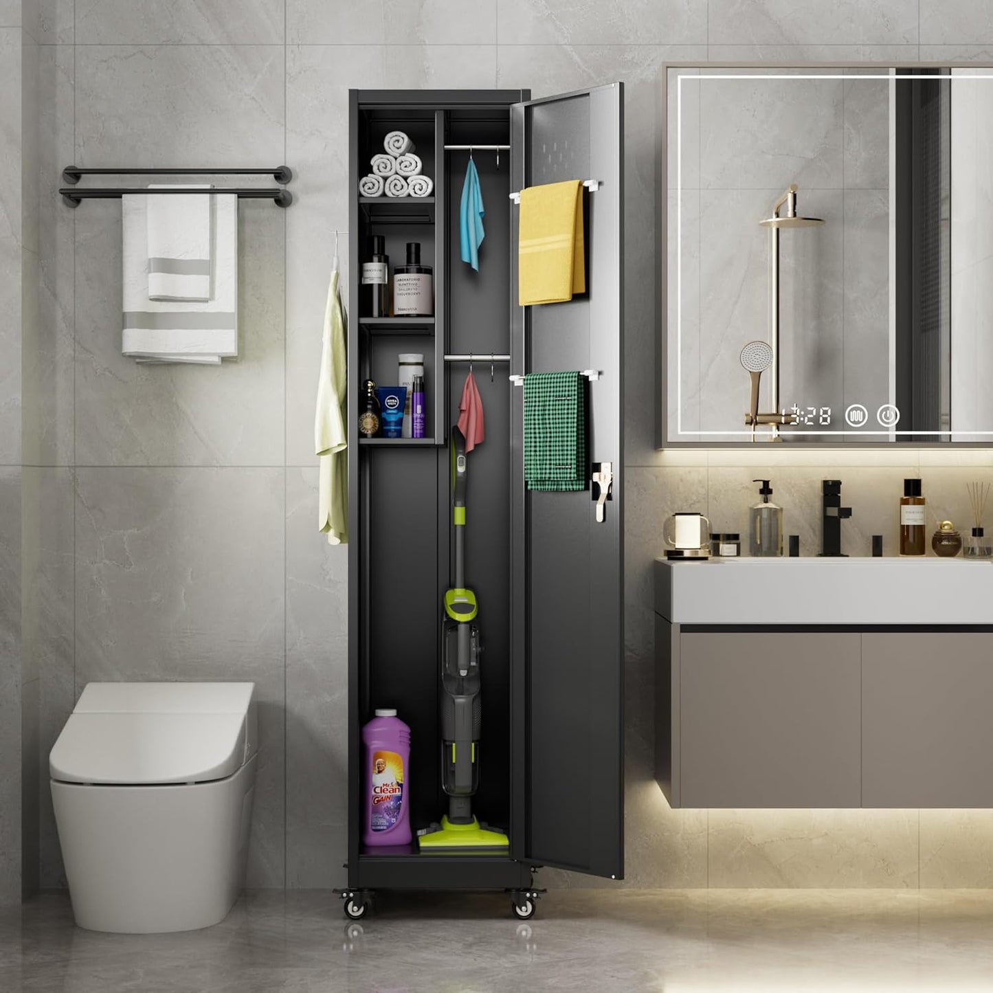 72''H Metal Broom Closet Storage Cabinet with Wheels & Pegboards, Mops Broom Closet Organizer with Locking Door & Hanging Rod,Cleaning Tool Garage Storage Cabinet,Assembly Required,Black