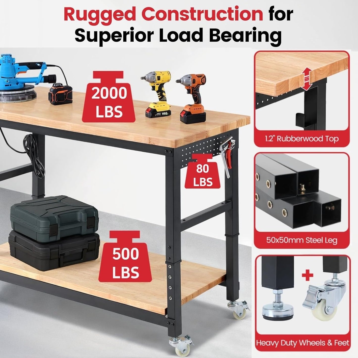 Workbench for Garage with Wheels 60 x 22 Inch Heavy Duty Rubberwood Tabletop Work Table with Under Table Shelf, Pegboard, Power Outlets for Woodworking Shop Home Office