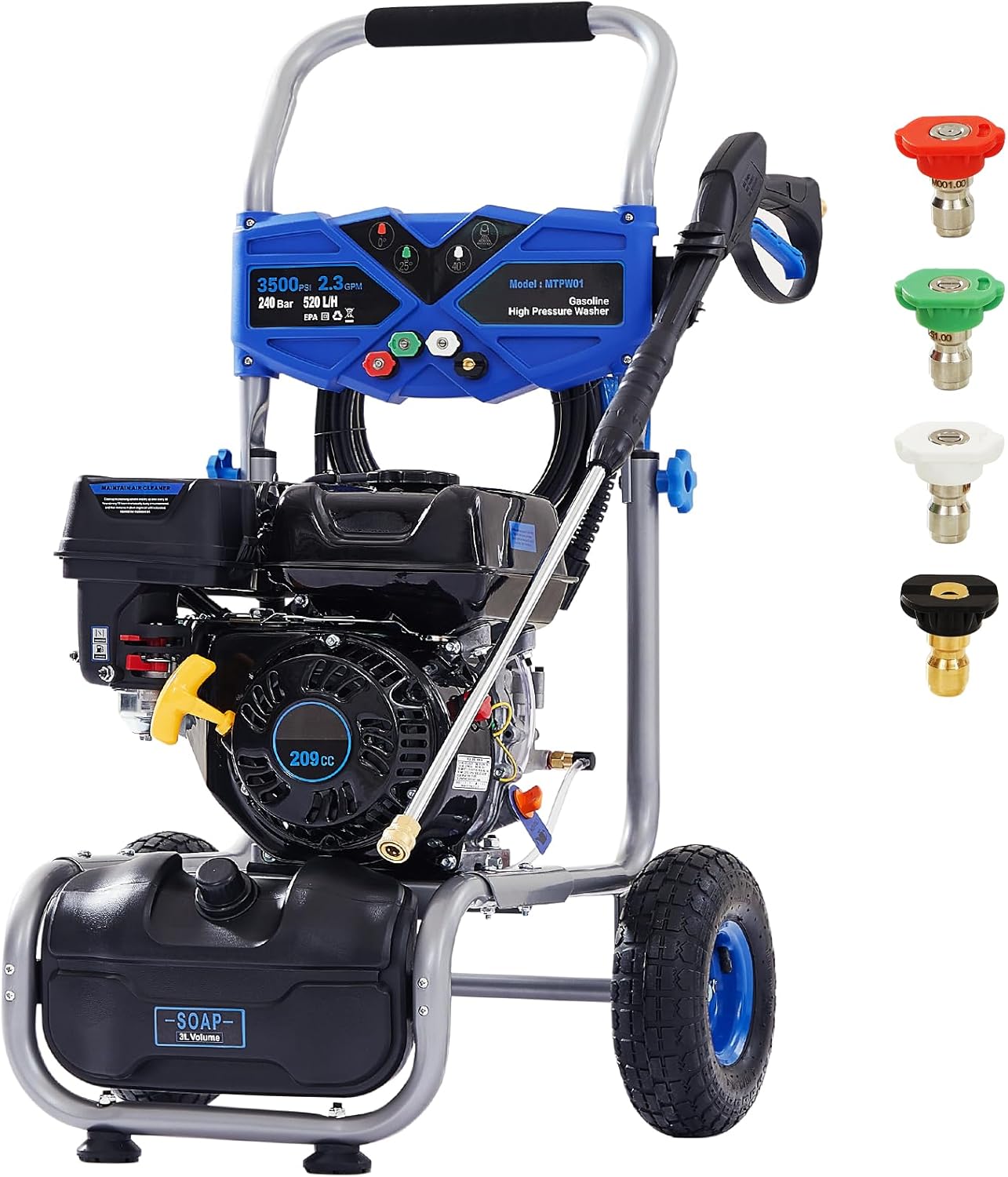 Gas Pressure Washer 3500 PSI, 2.3 GPM Heavy Duty High Power Washer,209CC 7HP Engine with 25Ft Pressure Hose, Axial Aluminum Pump, Soap Tank, 4 Quick Connect Nozzle (Blue)