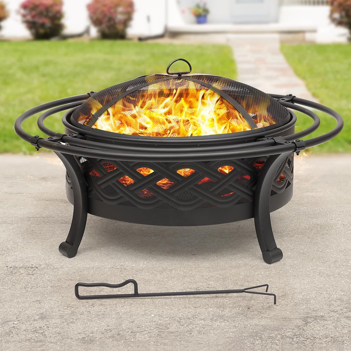 36 Inch Fire Pit with 2 Loops,Crossweave Wood Burning Fire Pits for Outside,with Spark Screen,Fire Poker,Round Outdoor Firepit for Patio,Yard,Garden,Camping,Bonfire(36''Black)