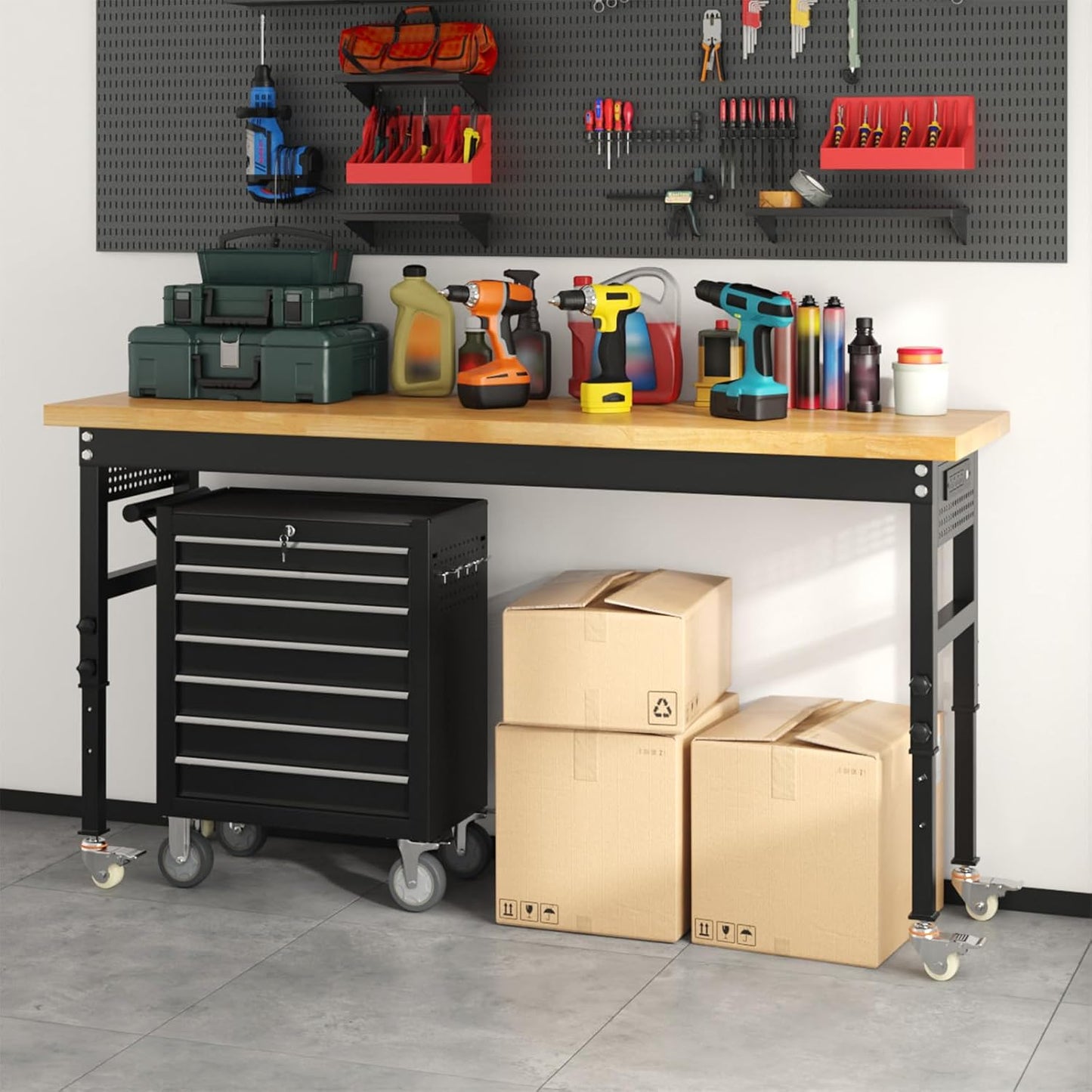 70" Heavy Duty Solid Wood Work Bench with Pegboard, Adjustable Height Workbench with Wheels and Power Outlets, 2000 LBS Capacity Work Table for Garage, Workshop, Office, Home