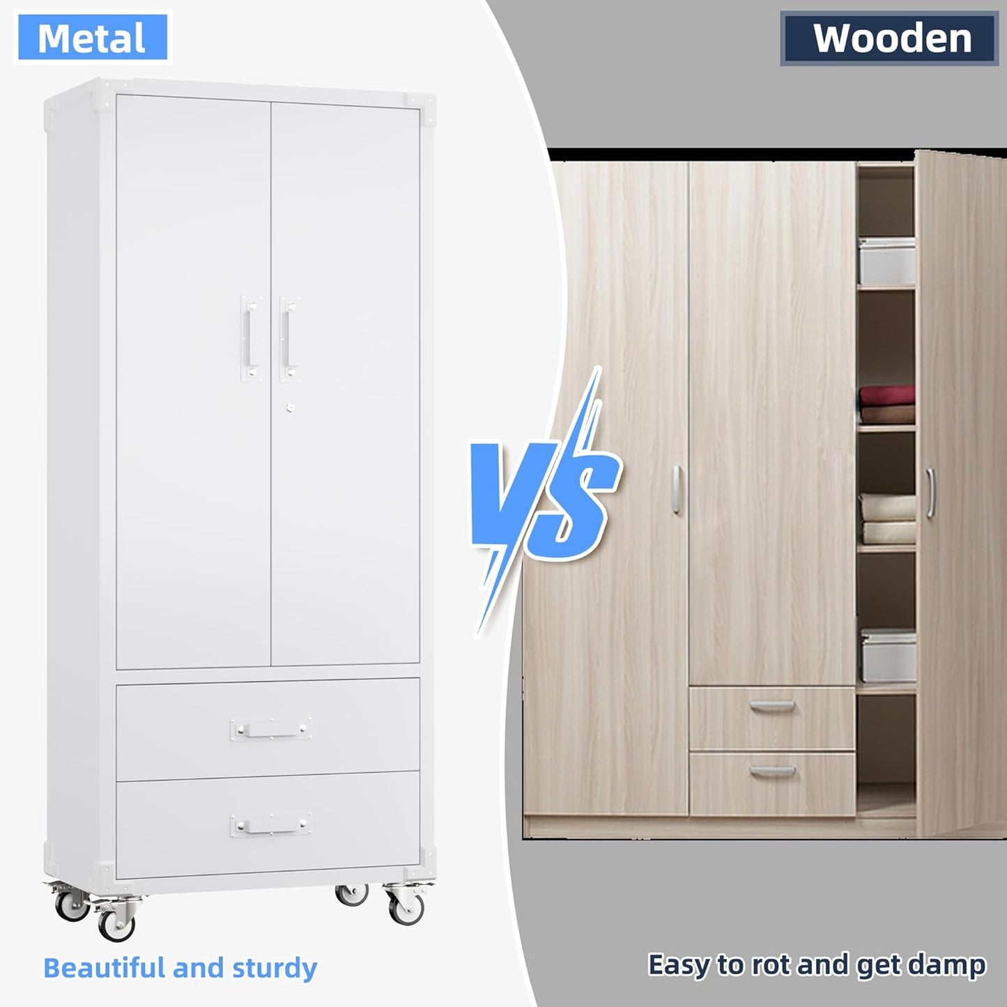 Upgraded Metal Garage Storage Cabinet with Wheels and 2 Drawers, Rolling Tool Cabinet with 3 Shelves and Pegboard Behind The Door for Home Office Garage,Assembly Required,White