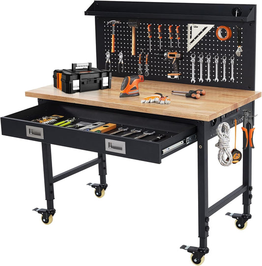 48x24 Inch Heavy-Duty Adjustable Workbench with Rubber Wood Top – 2000LB Capacity Mobile Garage Workstation with Drawer&Backplate, Ideal for Workshop, DIY & Tool Storage