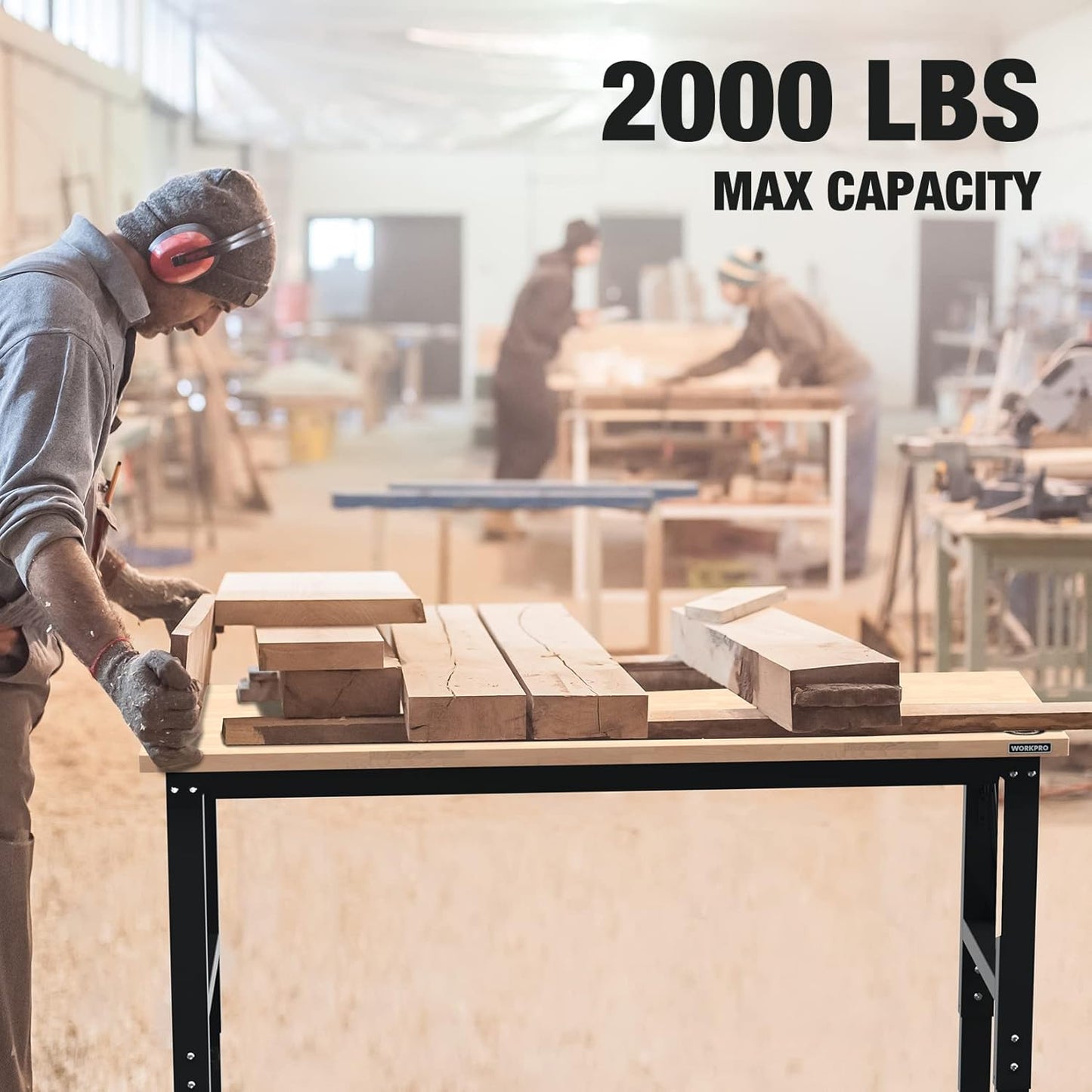 WORKPRO 60" Adjustable Workbench, Rubber Wood Top Heavy-Duty Workstation, 2000 LBS Load Capacity Hardwood Worktable with Power Outlets, for Workshop, Garage