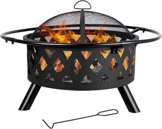 Red Mountain Valley 30'' Outdoor Wood Burning Fire Pit, 2-in-1 Large Round Fire Pit for Outside, Outdoor Fireplaces with Spark Screen, Fire Poker, Cover, Ideal for Patio, Backyard, Camping, Picnic