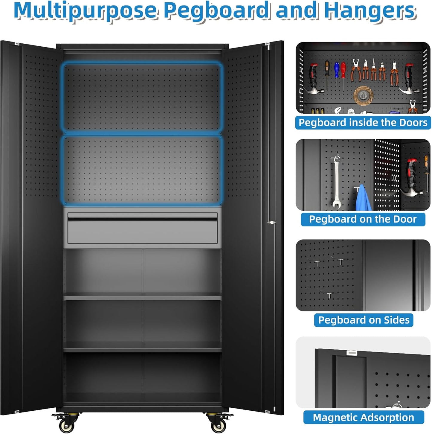 Metal Garage Cabinet with Wheels,71''H Rolling Lockable Steel Tool Cabinet with Pegboard & 1 Drawer for Garage,Home,Office Assembly Required,Black/Red