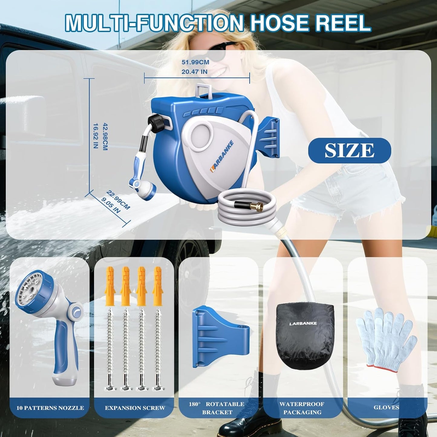 1/2 in × 100 ft Garden Hose Reel,Wall-Mounted Hose Reel with Bottom Drain,180° Rotating Bracket,with 10-Function Sprayer Nozzle,Lockable at Any Length,Equipped with Waterproof Bag(Blue)