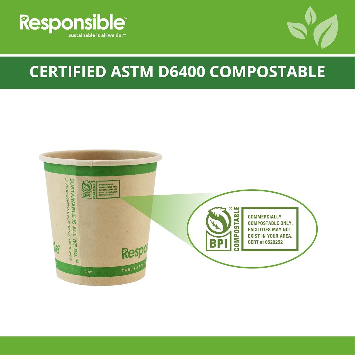 Certified Compostable 4 oz Paper Cups, Cold ＆ Hot Coffee Cups, Disposable Paper Cups, Extra Strength Disposable Cups, Made without PFAS (50 count)