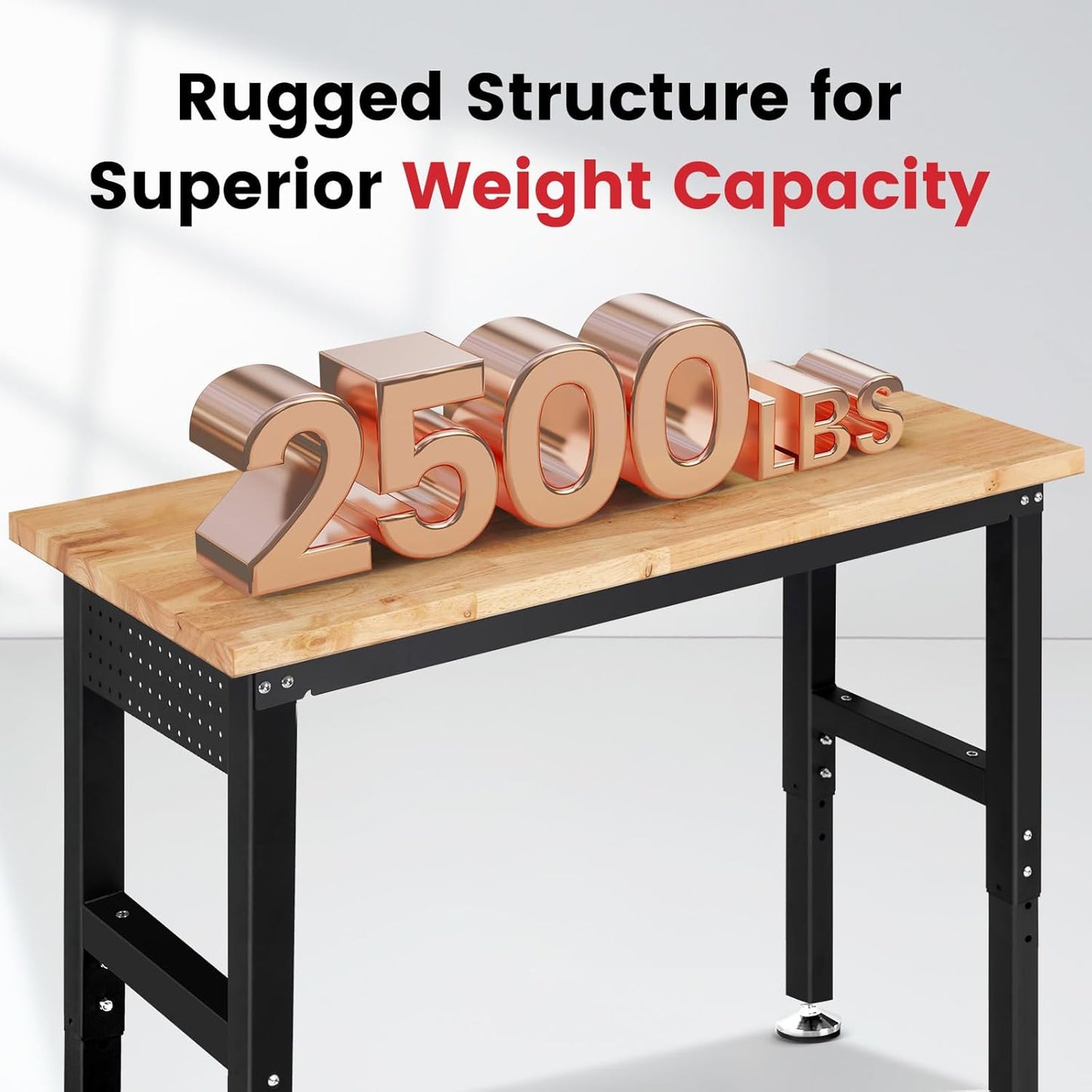 60 Inch Workbench for Garage Adjustable Height Work Bench with Pegboard Power Outlets Rubber Wood Tabletop Work Table for Cutting Wood Woodworking Shop Home Office Electronic