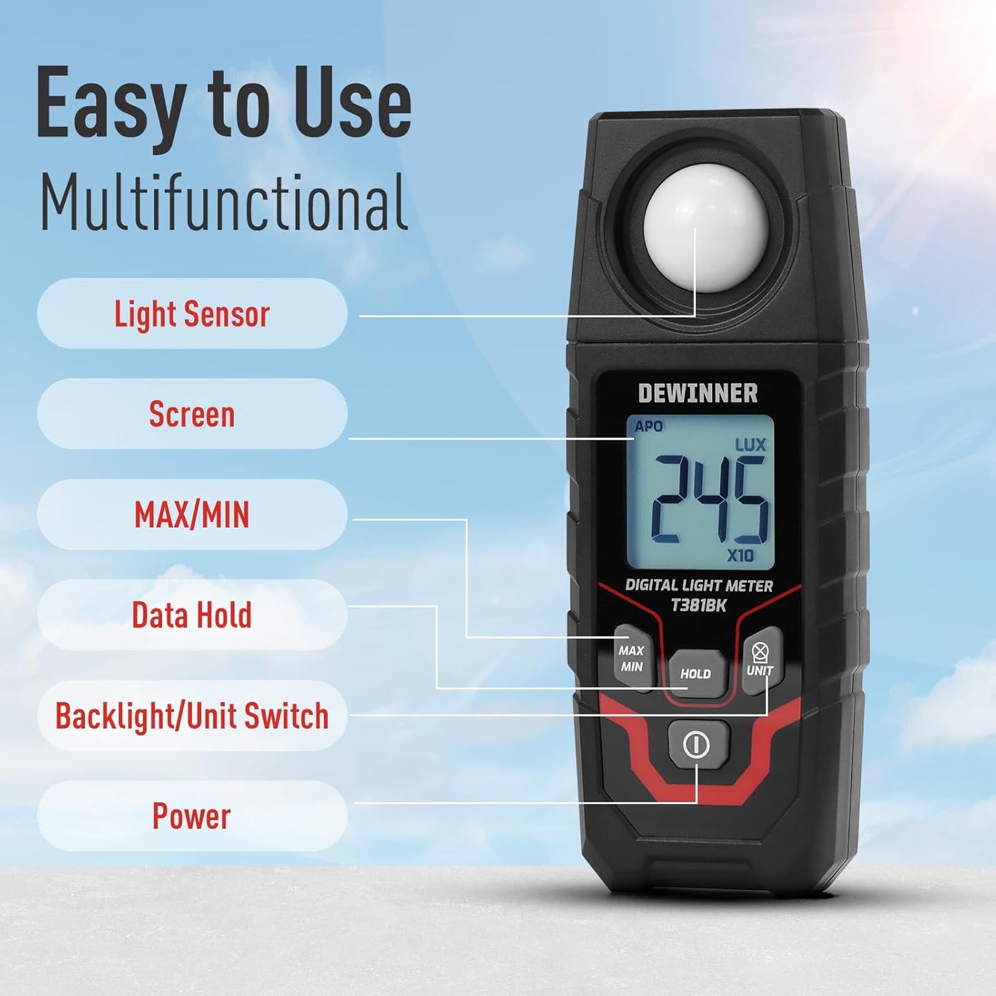 DEWINNER Digital Illuminance Light Meter – 0-200,000 Lux Light Tester for Plants, LED Grow Lights, Car Headlights – Candles Meter, 8X/s Sampling, 120° Angle, Backlit Display (Battery Included)