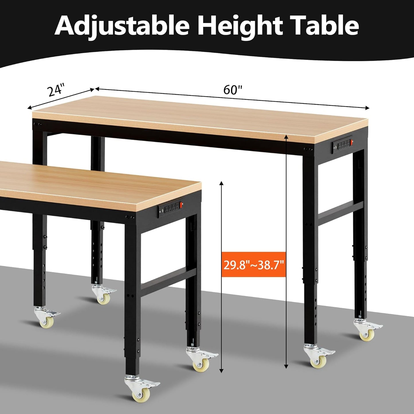 60” Adjustable Workbench，Heavy Duty Wood Work Bench 2000 Lbs Load Capacity,Work Table with Power Outlet and Wheels for Garage, Workshop, Office, Home
