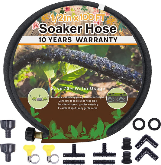 1/2’’ Soaker Hose 100 Ft for Garden Beds, Heavy Duty Soaker Hoses for Garden 100 Ft for Water Saving, DIY Garden Soaker Hose 100 Ft Drip Hoses with Kit for Hose Irrigation System (100 feet)