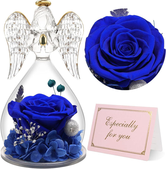 Yamonic Mom Birthday Gifts for Mom, Angel Figurines with Real Rose Gifts for Her Mom Grandma,Preserved Flowers Rose Angel Figurines for Mothers Day Christmas Anniversary Birthday Gifts for Her (Blue)