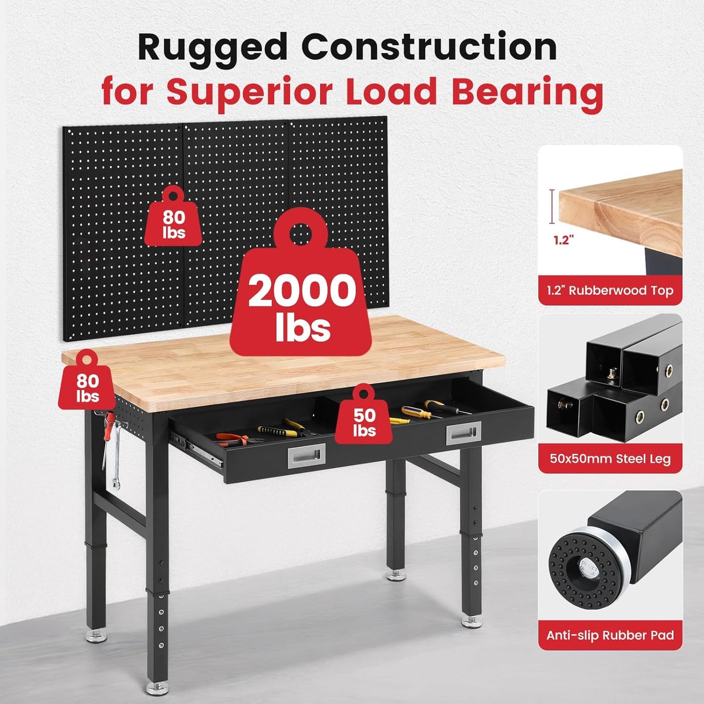 Work Bench with Storage Adjustable Workbenches with Drawer for Garage 48 Inch Rubber Wood Top Garage Workbench with Pegboard, Power Outlets for Woodworking,Home, Office, Workshop