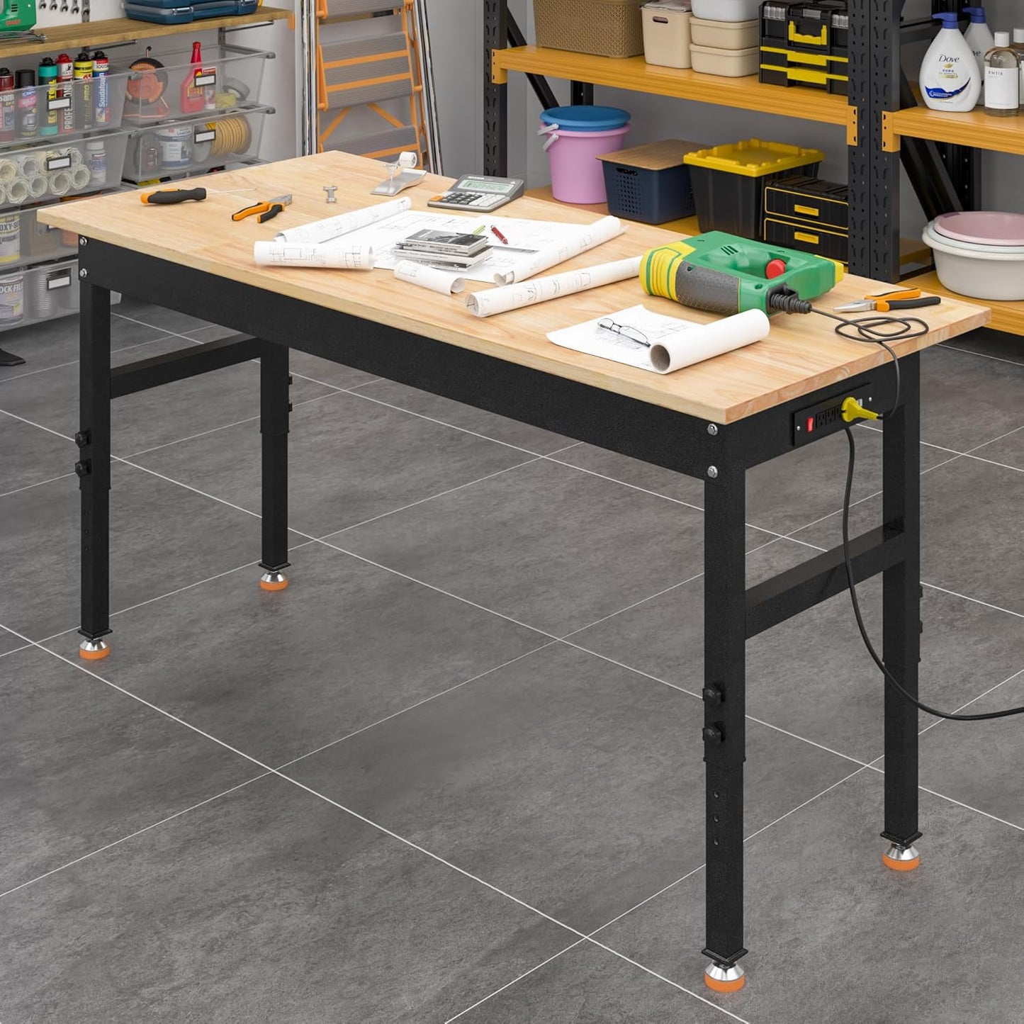 48" Adjustable Work Bench, Rubber Wood Top Workbench Heavy-Duty Work Table with Power Outlet, 2000 LBS Load Capacity Hardwood Work Benches for Garage, Workshop, Home, Office, Easy Assembly