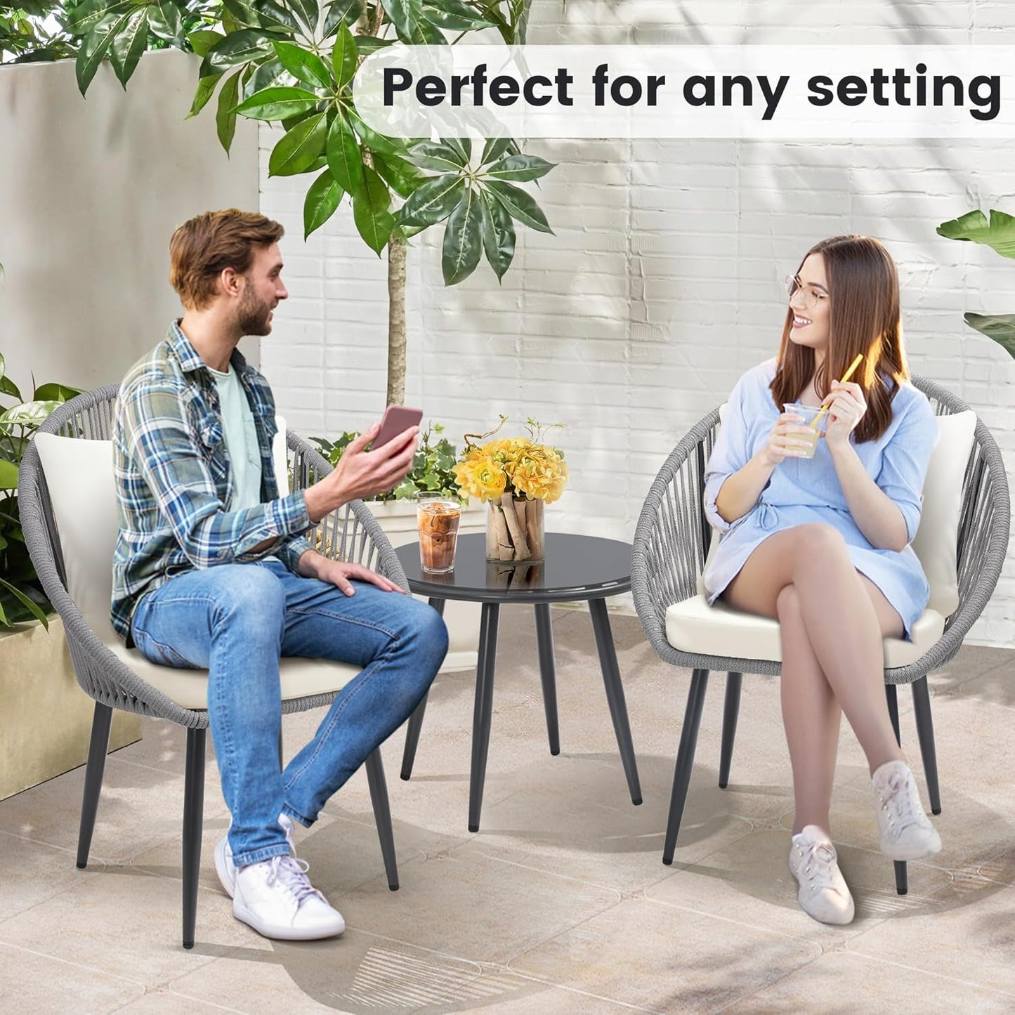 3 Pieces Bistro Set, Woven Rope Chair with Cushions, All Weather Patio Conversation Set and Side Table, Ideal for Deck, Balcony, Poolside, Grey