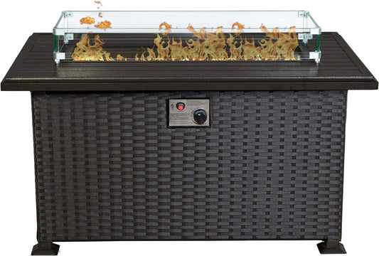 Kozyard Outdoor Patio Propane Gas Fire Pit Table - 50,000 BTU Wicker Design with Aluminum Tabletop, Glass Wind Guard, Clear Glass Rocks Slide Out Tank Holder - Ideal Patio Fire Table (Brown)