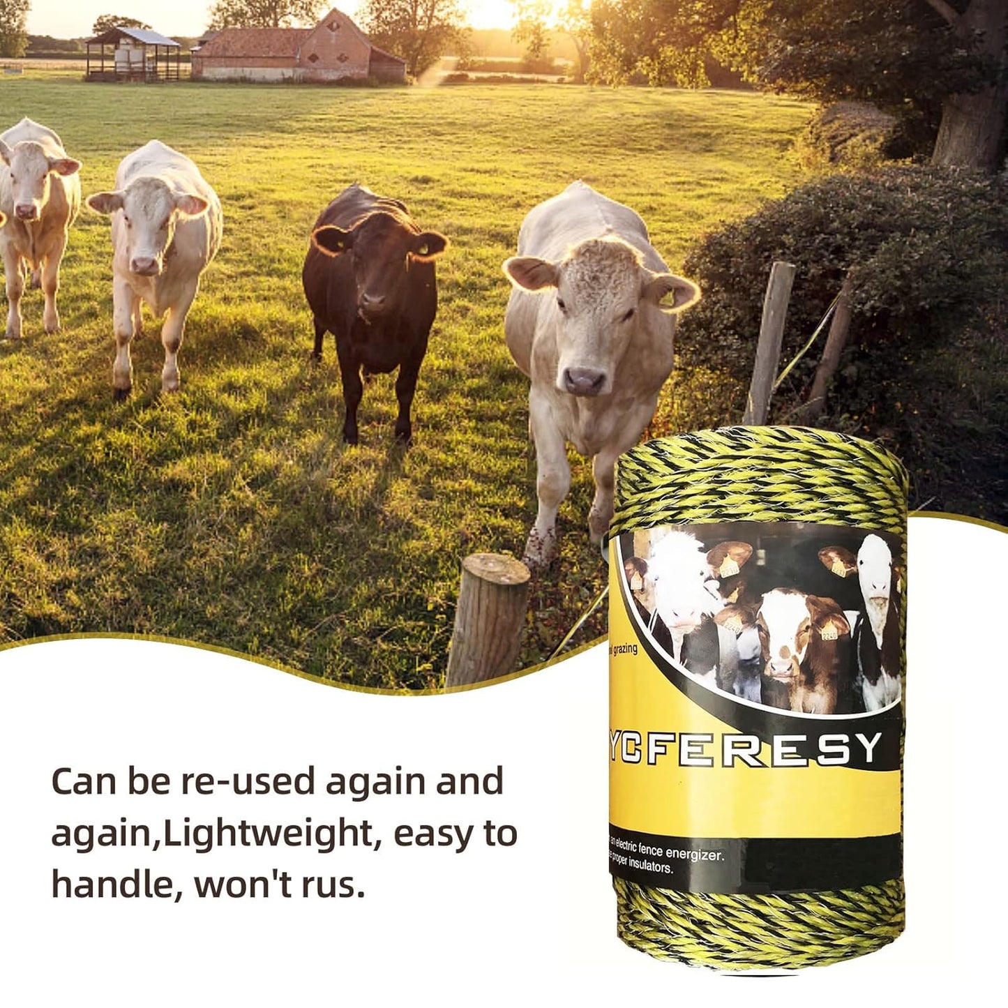 Electric Fence Polywire 656 Feet，200 Meter，6 Stainless Steel Strands for Reliable Conductivity and Rust Resistance，Portable Electric Fence Rope