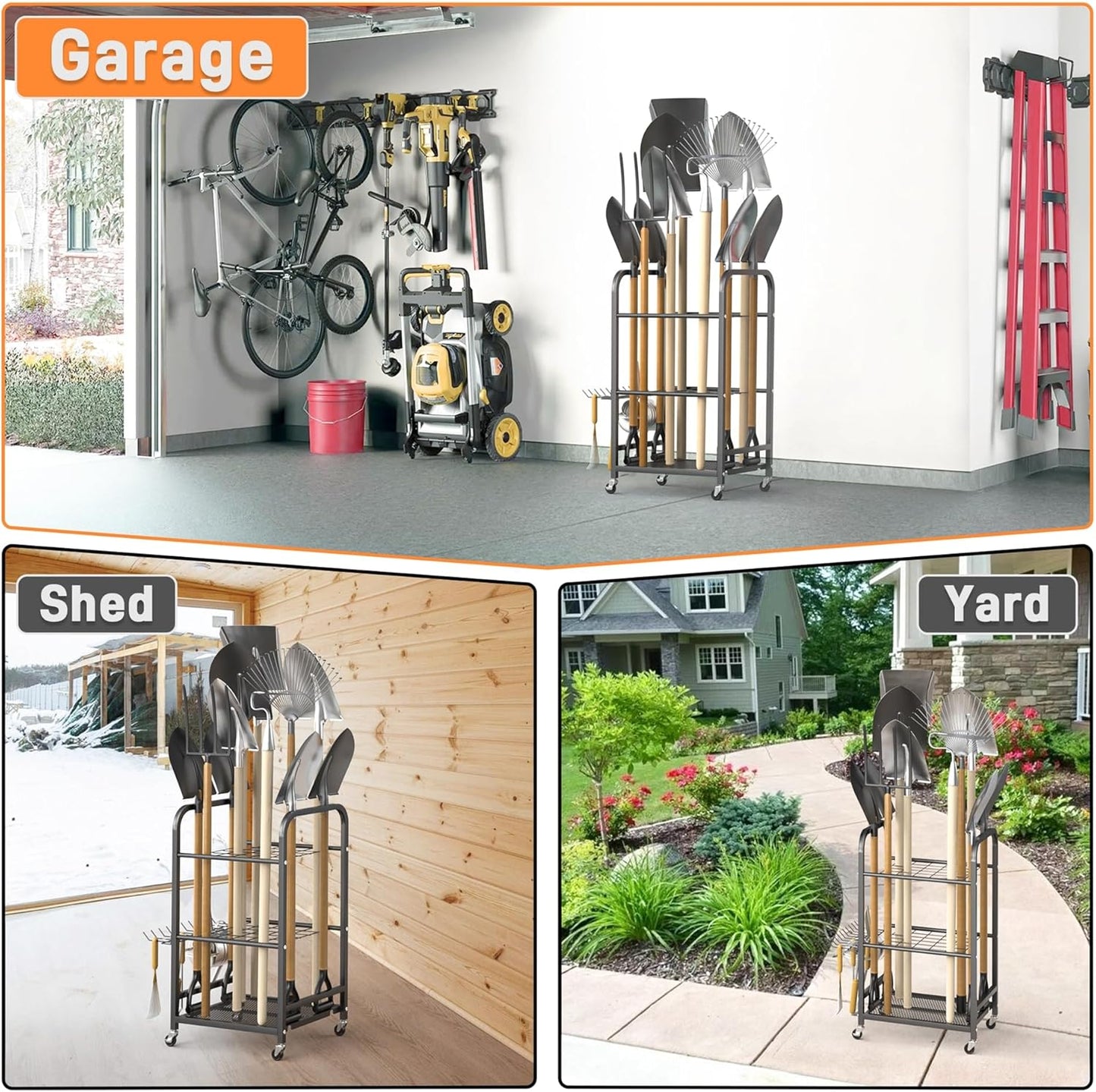 TORACK Garden Tool Organizer Stand with Wheels, Rakes Shovels Yard Tools Stand for Garage, Shed, Garden, Indoor/Outdoor Long-Handled Tools Cart