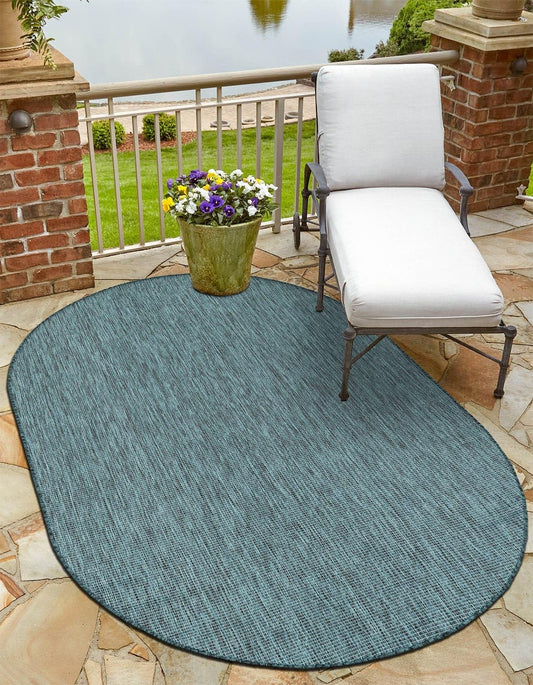 Unique Loom Outdoor Solid Collection Area Rug (7' 10" x 10' Oval Teal/Navy Blue)