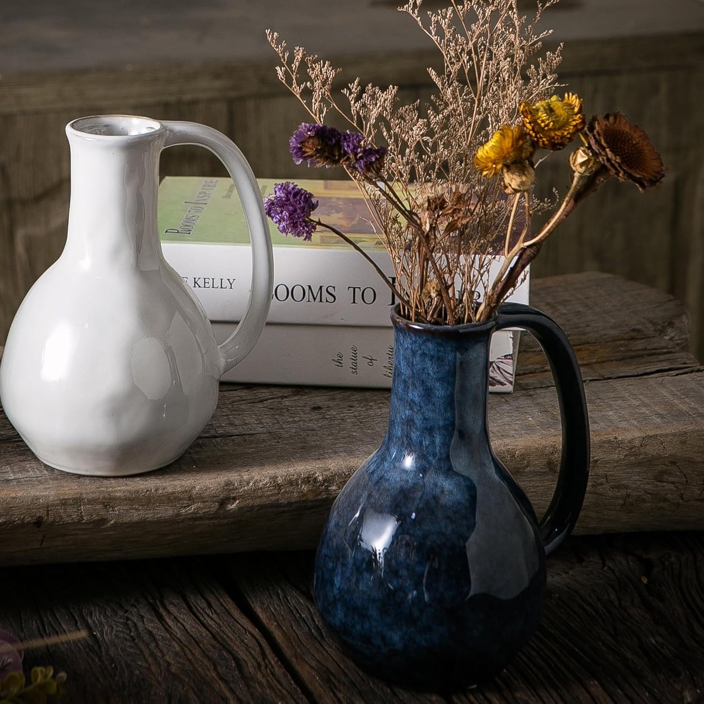 Blue Ceramic Vase with Big Handles, Modern Farmhouse Decor, Rustic Pottery for Flowers, Decorative Terracotta Centerpiece for Dining Table