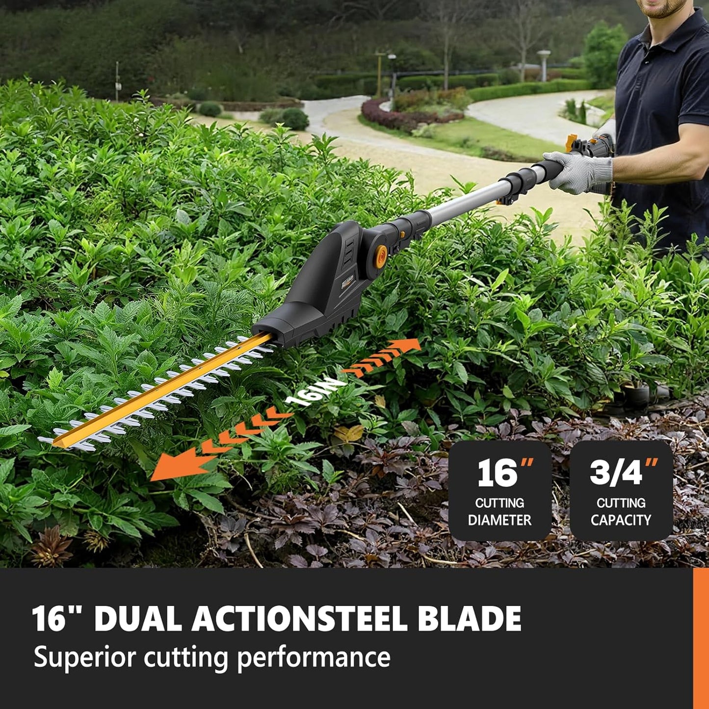 Alloyman 2-in-1 Telescoping Cordless Pole Hedge Trimmer 16-Inch and Pole Saw 8.6-Inch,with 2 Packs 4.0Ah Batteries & Charger,for Tree Trimming and Shrubs Pruning