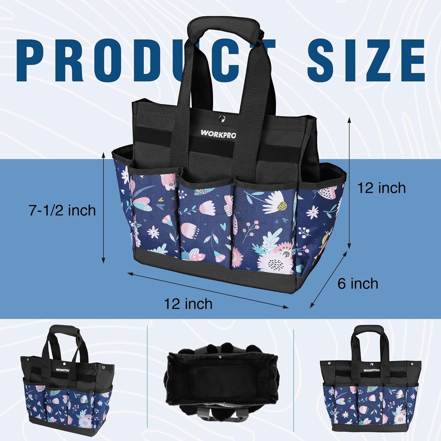WORKPRO Garden Tool Bag, 9-Pocket Heavy Duty Oxford Tote Bag, Gardening Tool Kit Holder, 12" x 12" x 6" (Blue Insects)