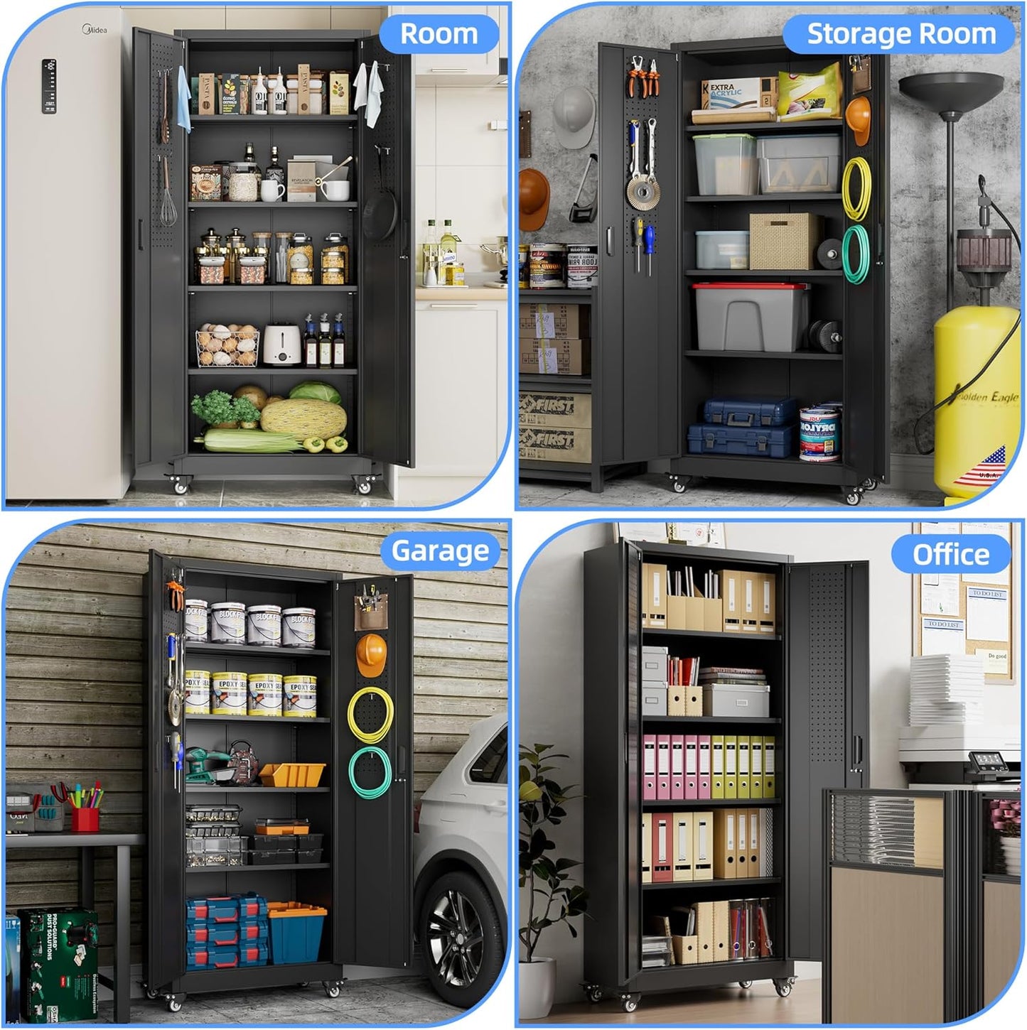 73" H Metal Garage Storage Cabinet with Wheels & Pegboard,Rolling Tool Cabinet with 2 Doors and 4 Shelves for Garage,Home,Office,Warehouse,Workshop, Required-Assembly,Black