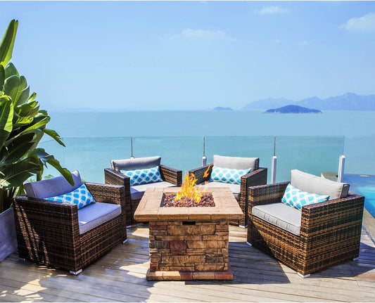 COSIEST 5-Piece Faux Brown Propane Fire Pit Outdoor Furniture Brown Chairs, Warm Gray Wicker Thick Cushion Sofa w 32-inch Square Propane Fire Table (50,000 BTU) for Garden, Pool, Backyard