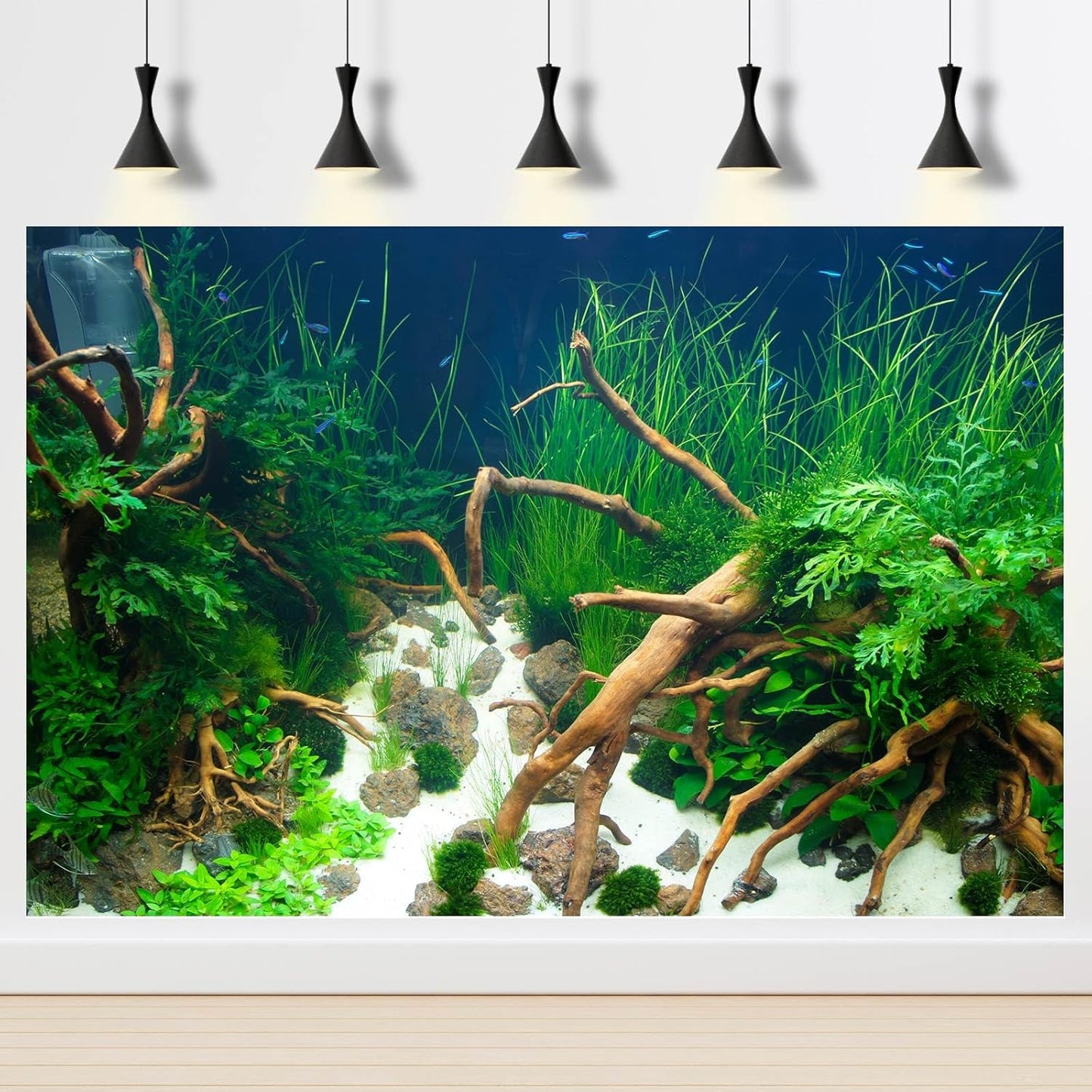 Aquarium Background Various Underwater Grass Plants Aquarium Backdrop Vivid and Fresh Green Aquatic Plants Stone River Bed and Dead Wood Yellow Stone Tank Background Vinyl 72x16in