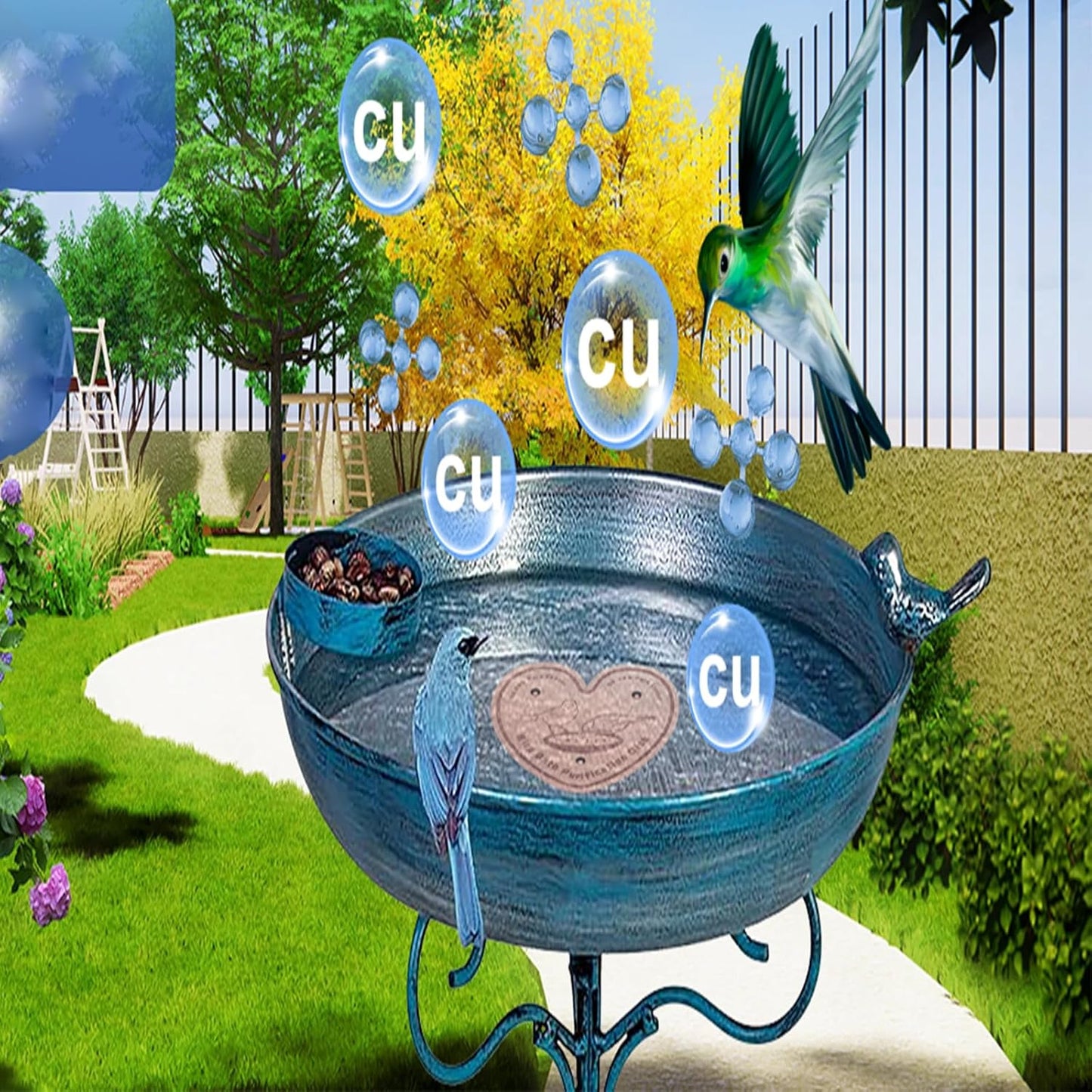 1-Pack 99.99% Pure Copper Bird Bath Purification Disk,Copper Disc with Stable Triple-Point Support,Fits All Outdoor Bird Baths(Heart-Shaped)