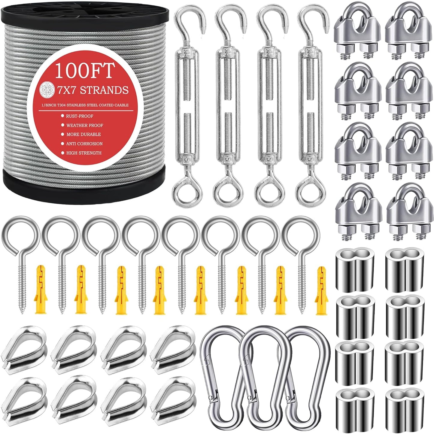 1/8" Wire Rope,100FT 304 Stinless Steel Cable with M5 Turnbuckle-Gardening,Aircraft,Picture Hanging, Clothesline Wire