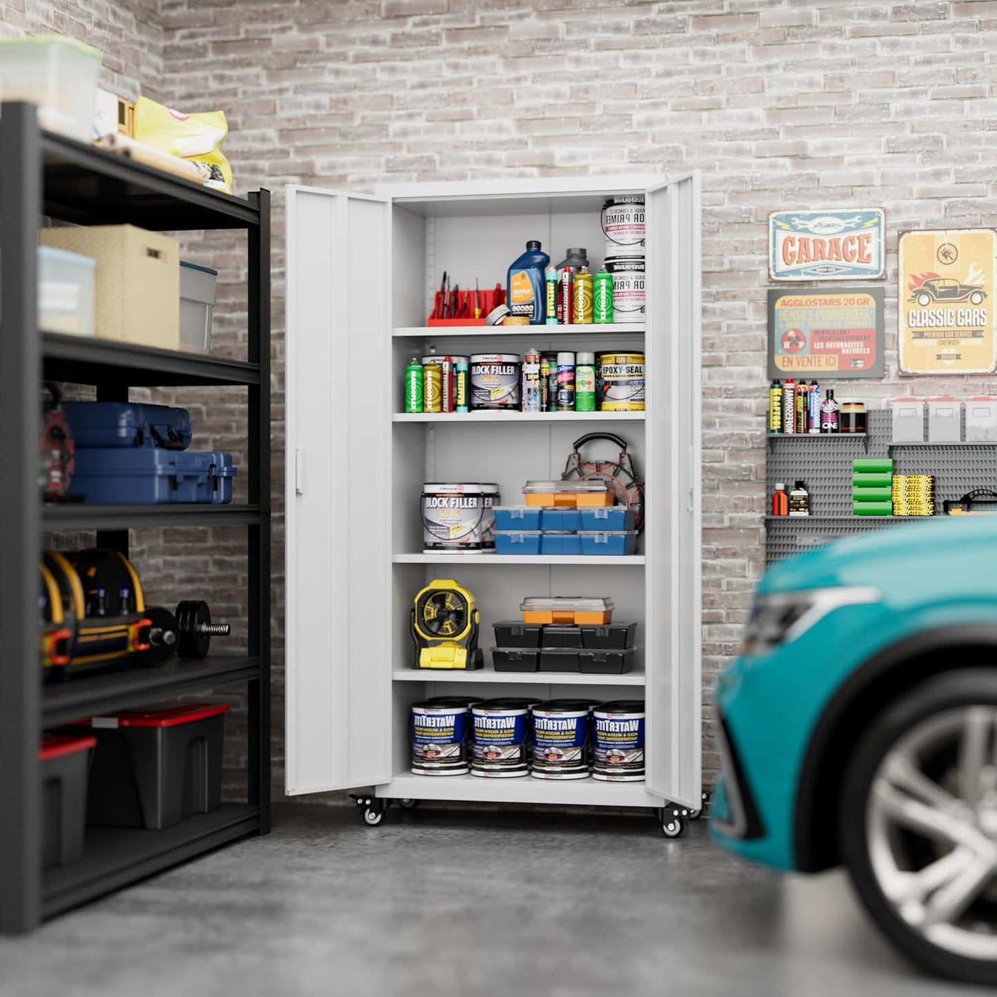 73" H Metal Garage Storage Cabinet with Wheels,Rolling Tool Storage Cabinet with 2 Doors and 4 Adjustable Shelves for Garage,Home,Office,Warehouse,Workshop, Required-Assembly,White