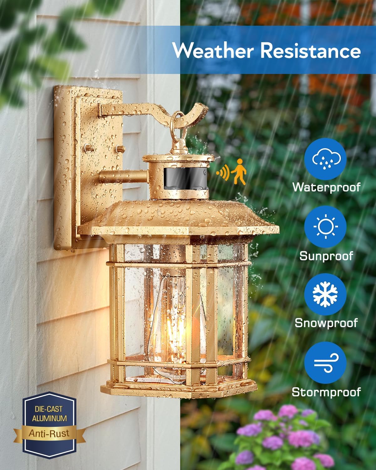 VIANIS Motion Sensor Exterior Lights for House, 2 Pack Dusk to Dawn Outdoor Lighting, Gold Outdoor Sconce Lantern, Waterproof, Weather Resistant Porch Lights Outside for House, Garage, Front Door