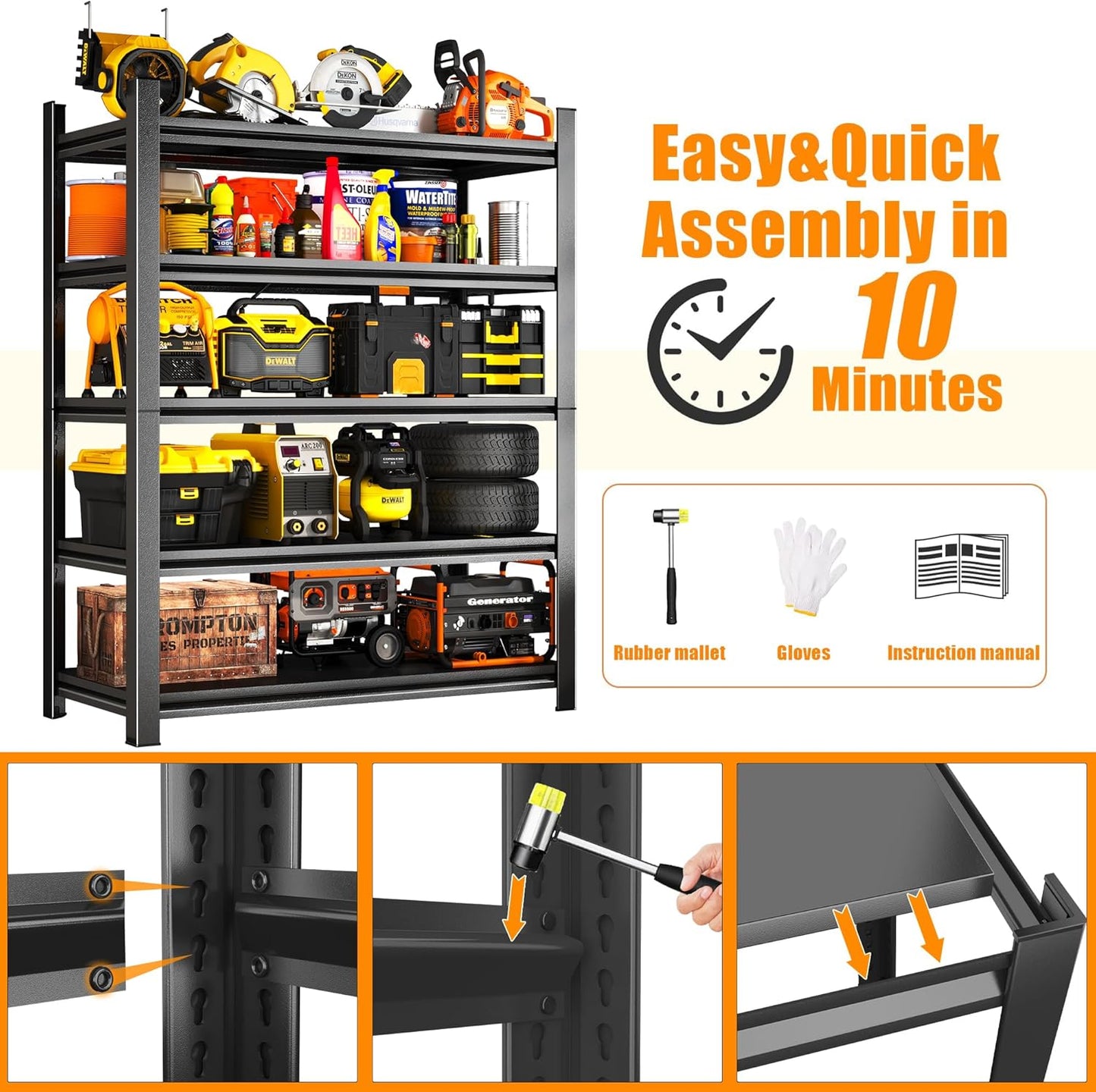 72''H Garage Shelving Heavy Duty Garage Storage Shelves, 3000 LBS Adjustable 5 Tier Industrial Shelving Unit, Metal Utility Shelf for Basement, Warehouse and Workshop (72''Hx46''Wx18''D, Black)